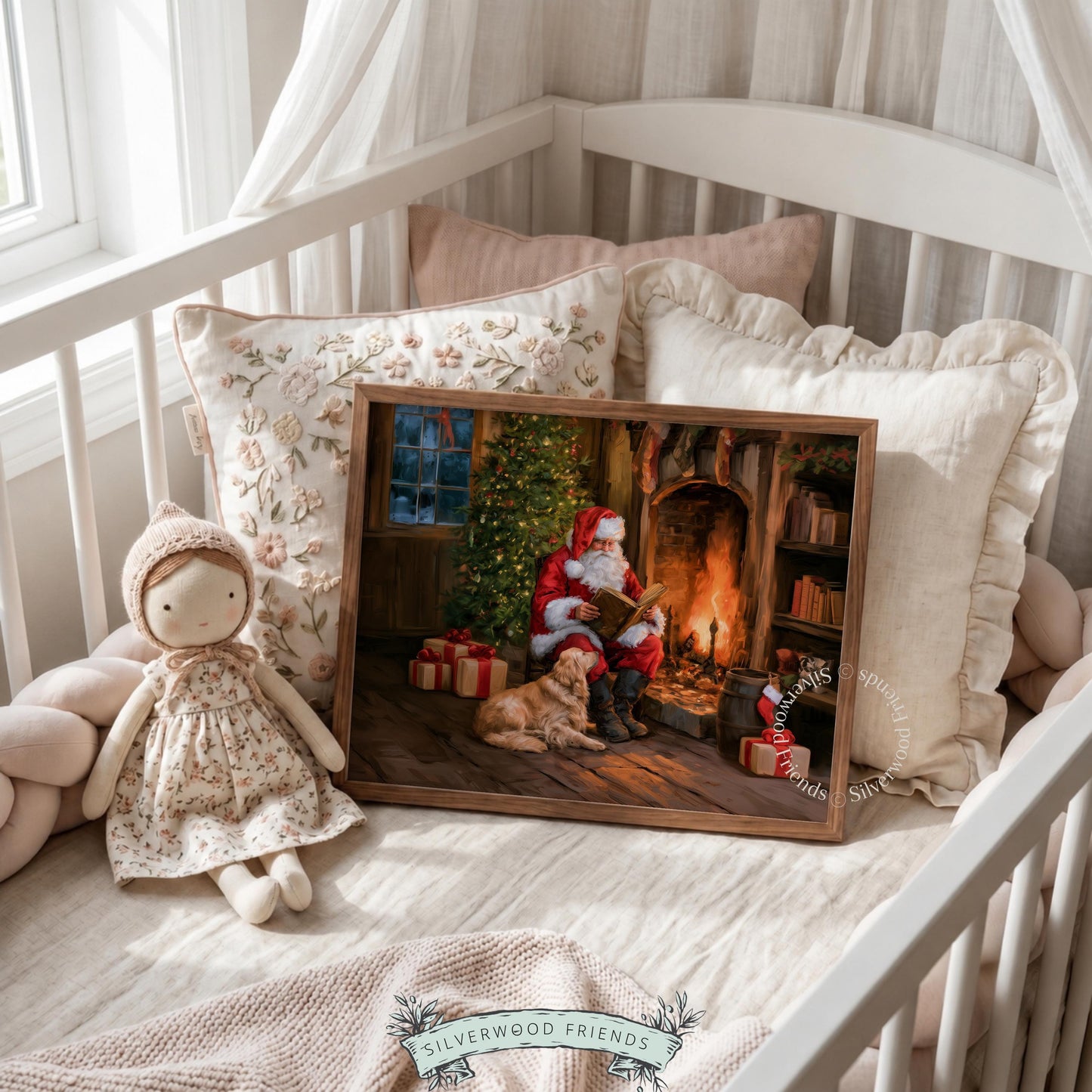 Santa reading by fireplace printable art for living room — cozy vintage Christmas painting with golden retriever