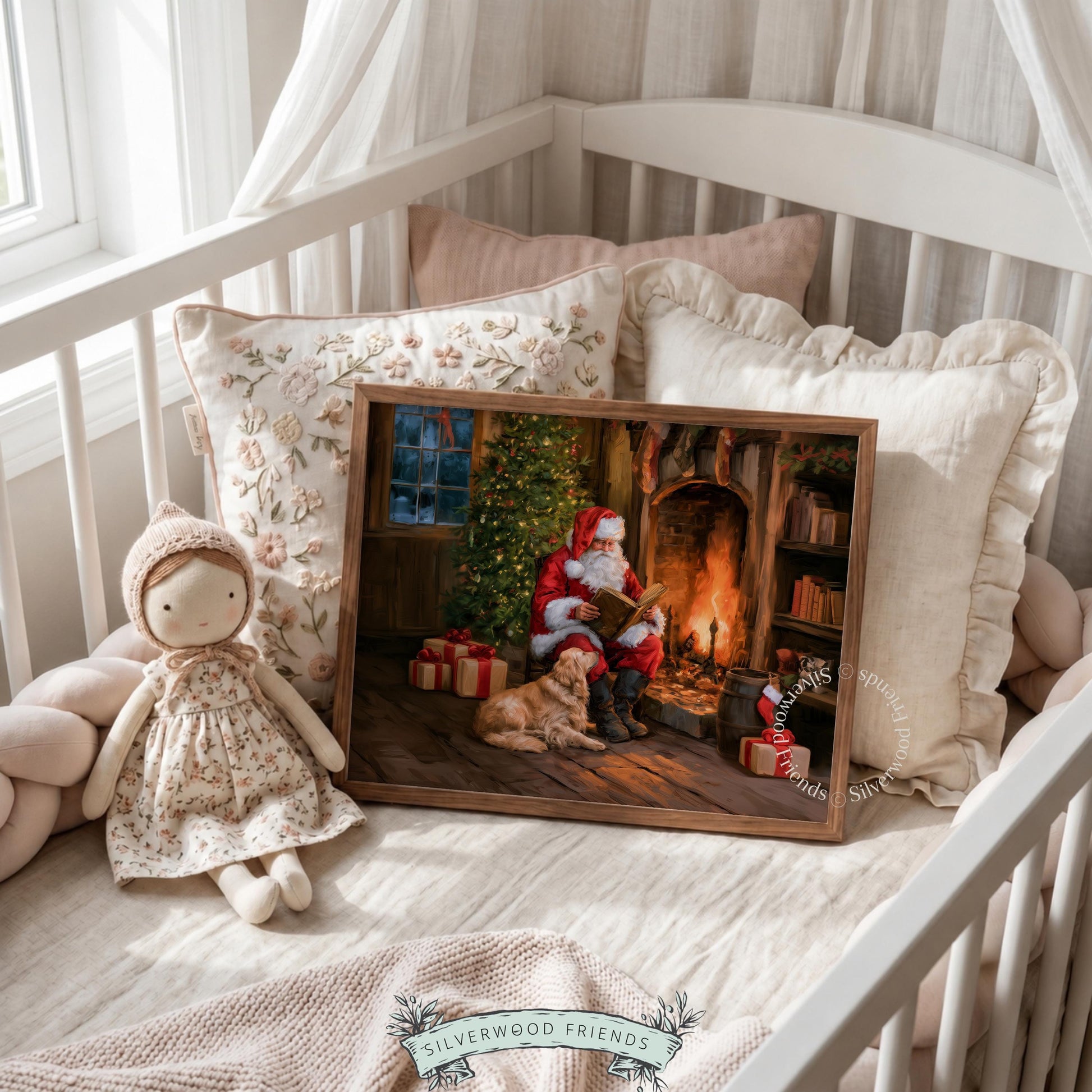Santa reading by fireplace printable art for living room — cozy vintage Christmas painting with golden retriever