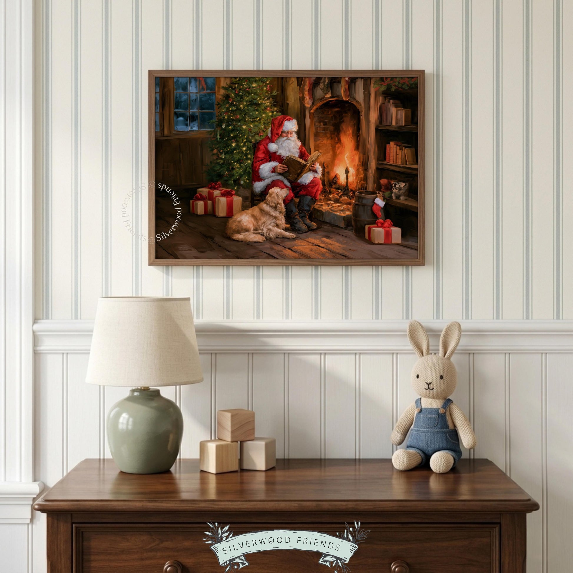 Santa by hearth painting printable download — rustic Christmas artwork with golden companion and festive ambiance