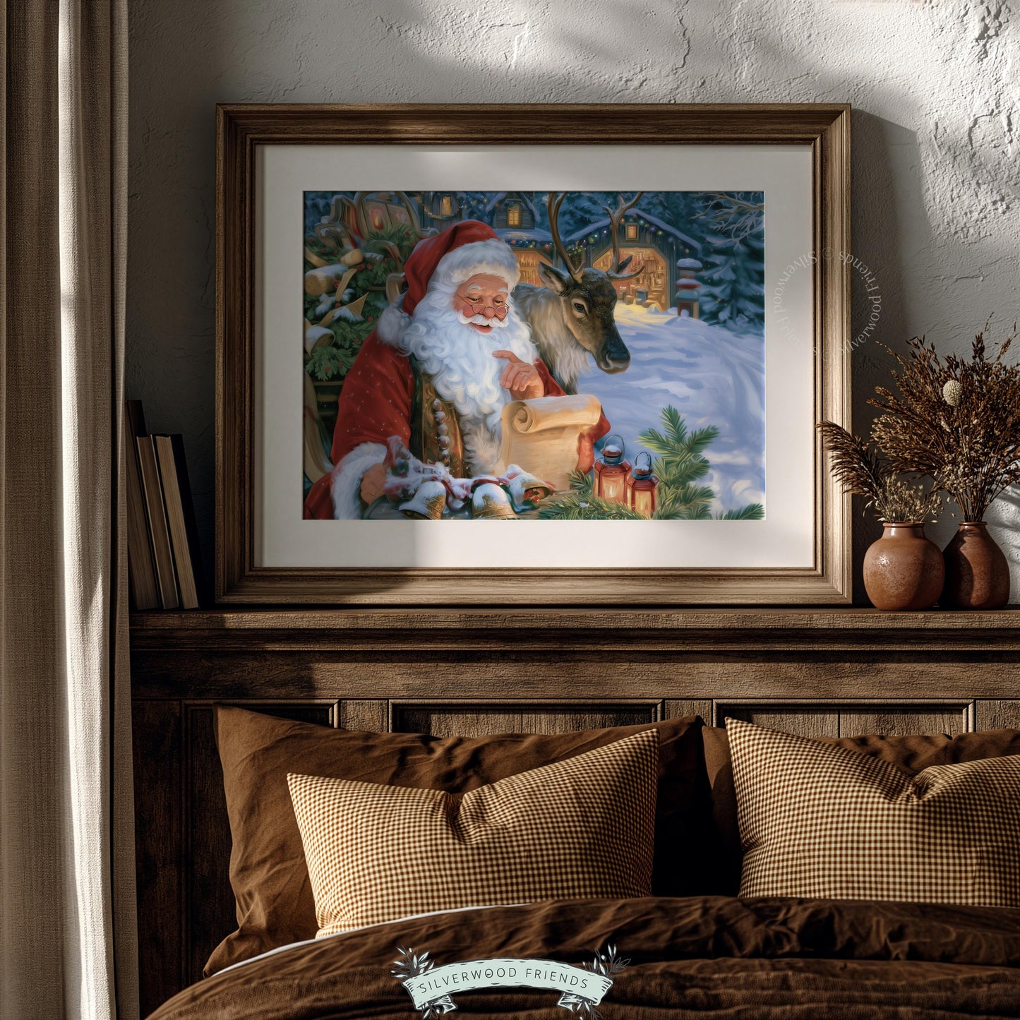 Cozy winter wonderland printable wall art with Santa and lantern — deep blue and gold palette vintage style