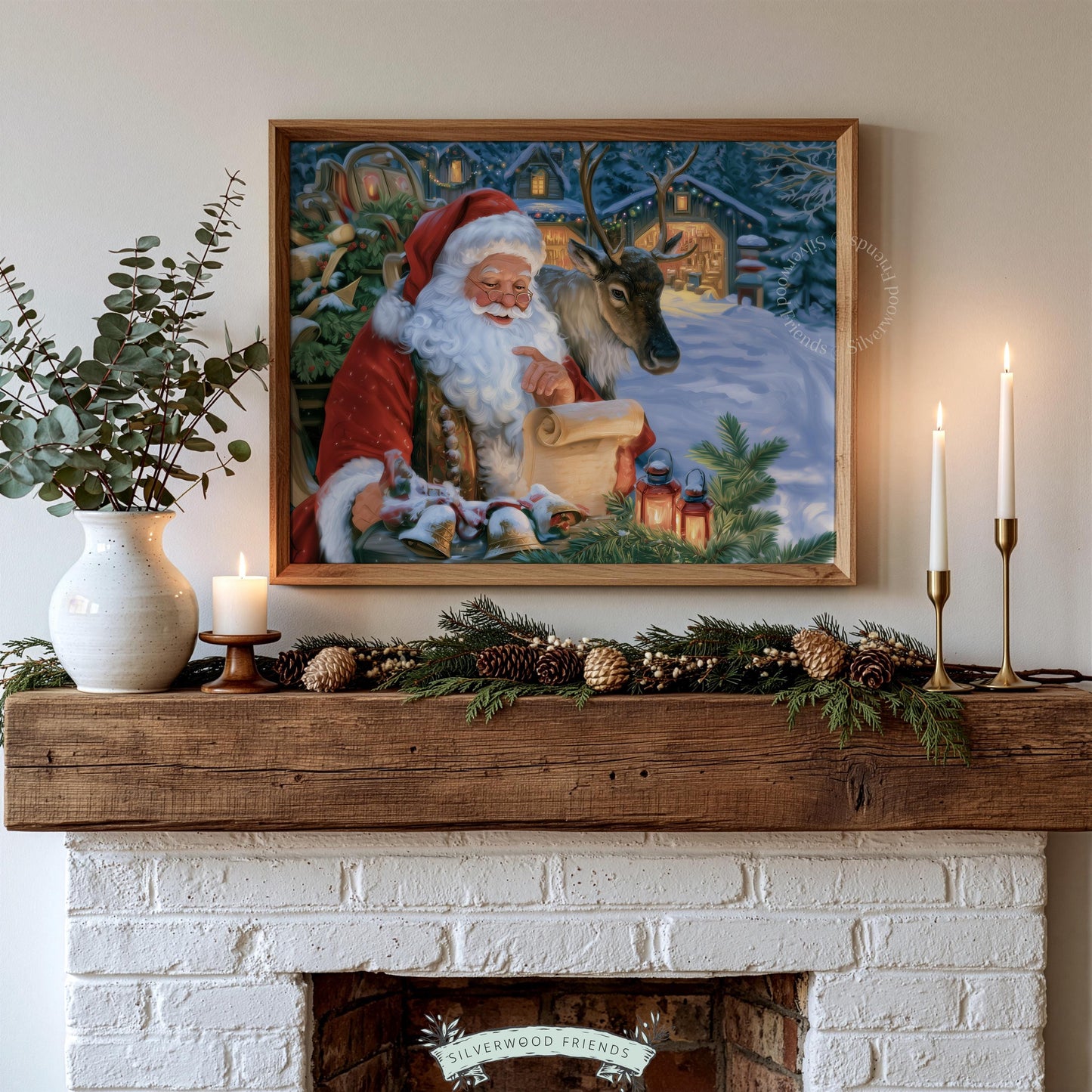 Festive holiday wall decor showing Santa checking list with reindeer nearby — rich jewel-toned painting