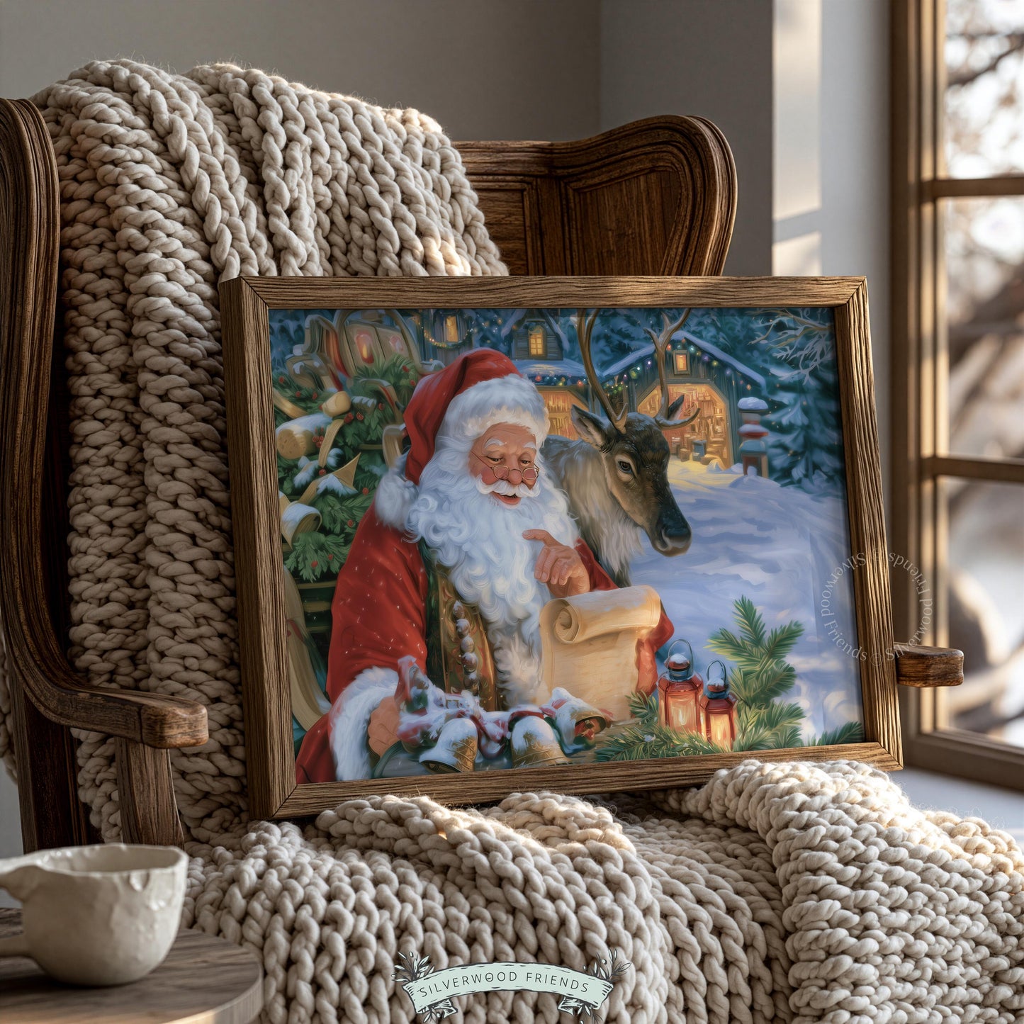 Whimsical Santa wall picture featuring lantern light and snowy cottage village — vintage storybook Christmas art