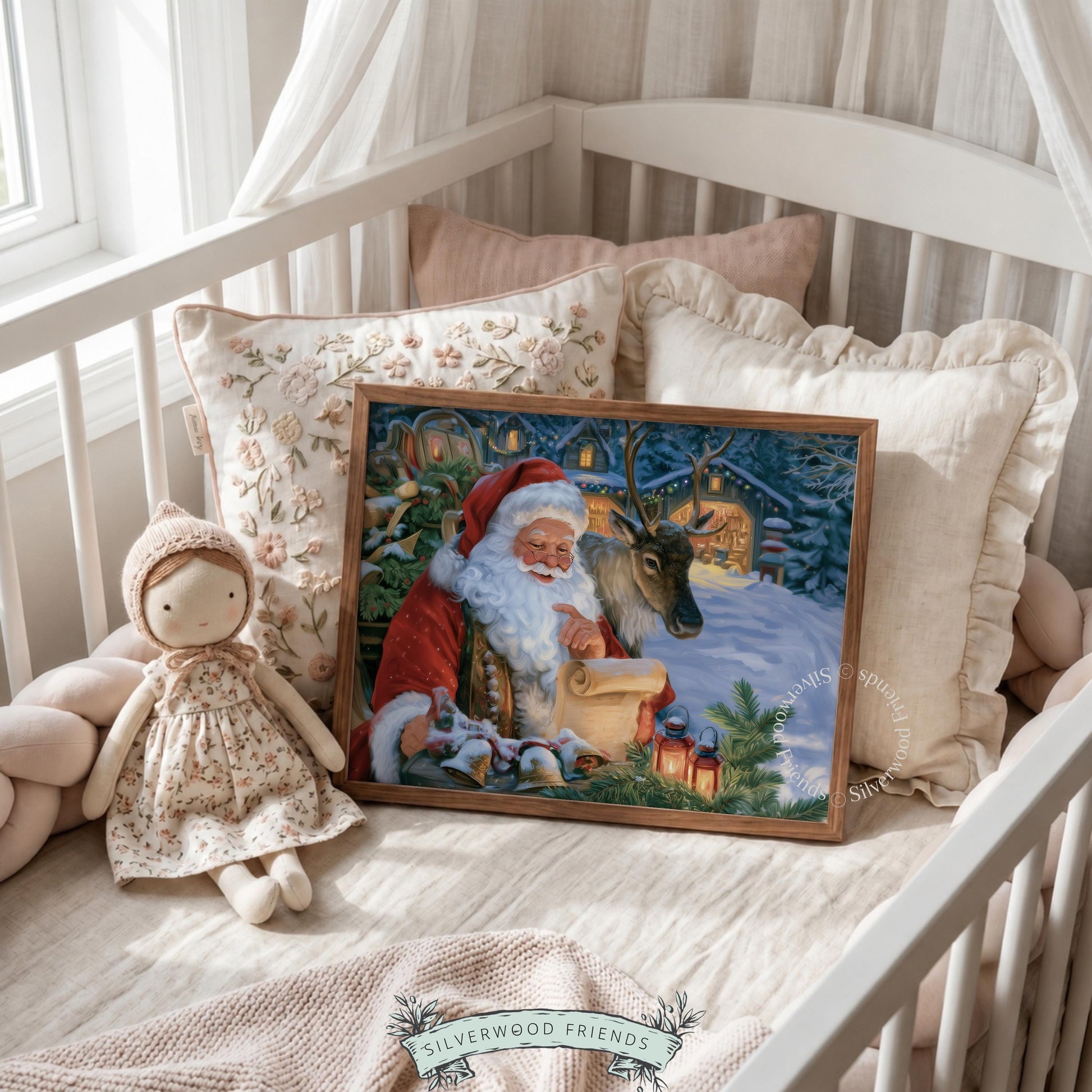 Jolly bearded father Christmas wall art featuring reindeer and snowy village — holiday storybook aesthetic