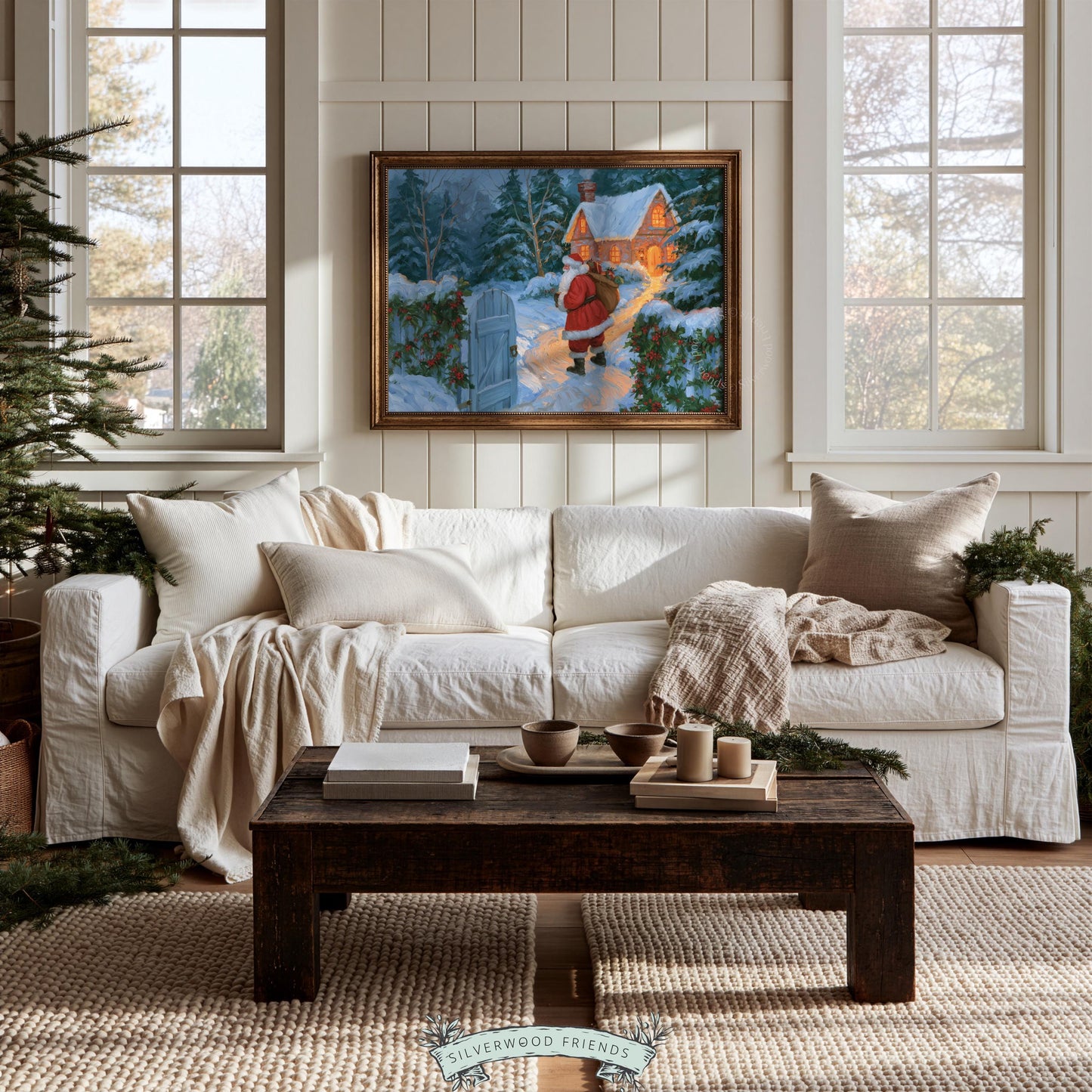 Holiday gift-bearer digital print for entryway — festive winter landscape with snow-laden trees and rustic stone gate