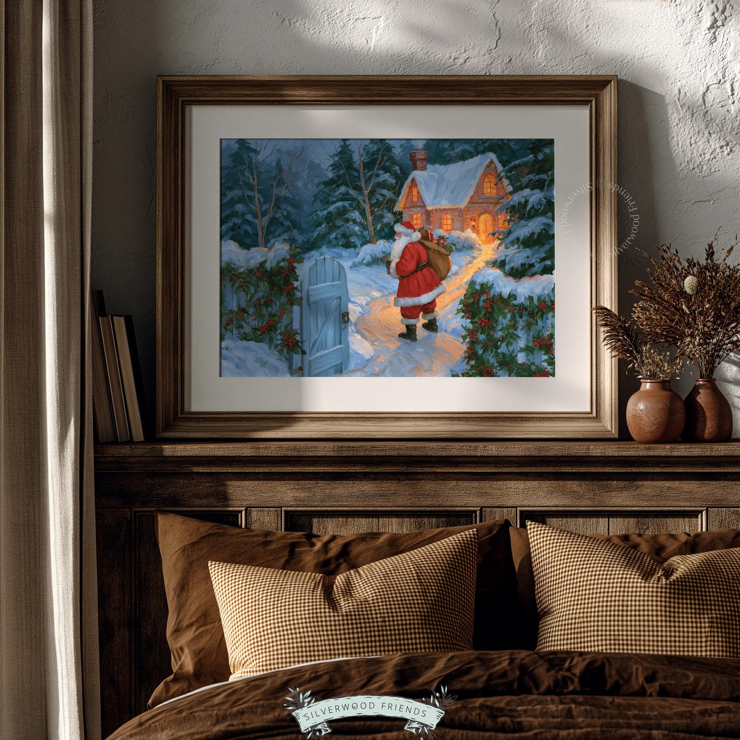 Yuletide farmhouse poster art for home gallery — cozy vintage winter scene with illuminated windows, snowy grounds, and traditional holiday guest