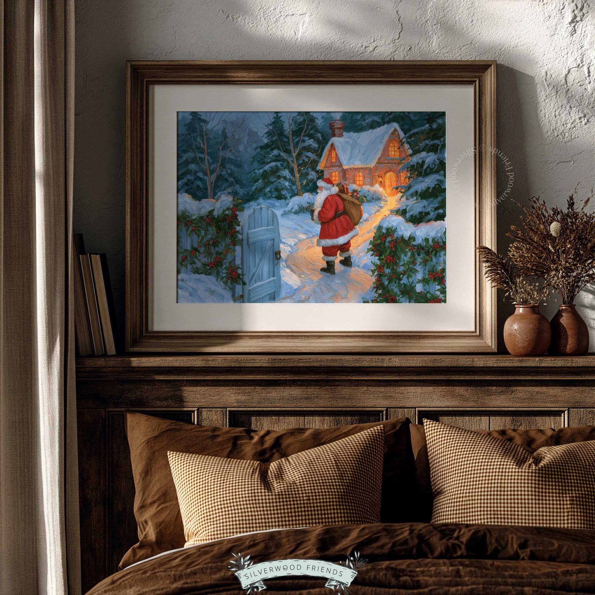 Yuletide farmhouse poster art for home gallery — cozy vintage winter scene with illuminated windows, snowy grounds, and traditional holiday guest