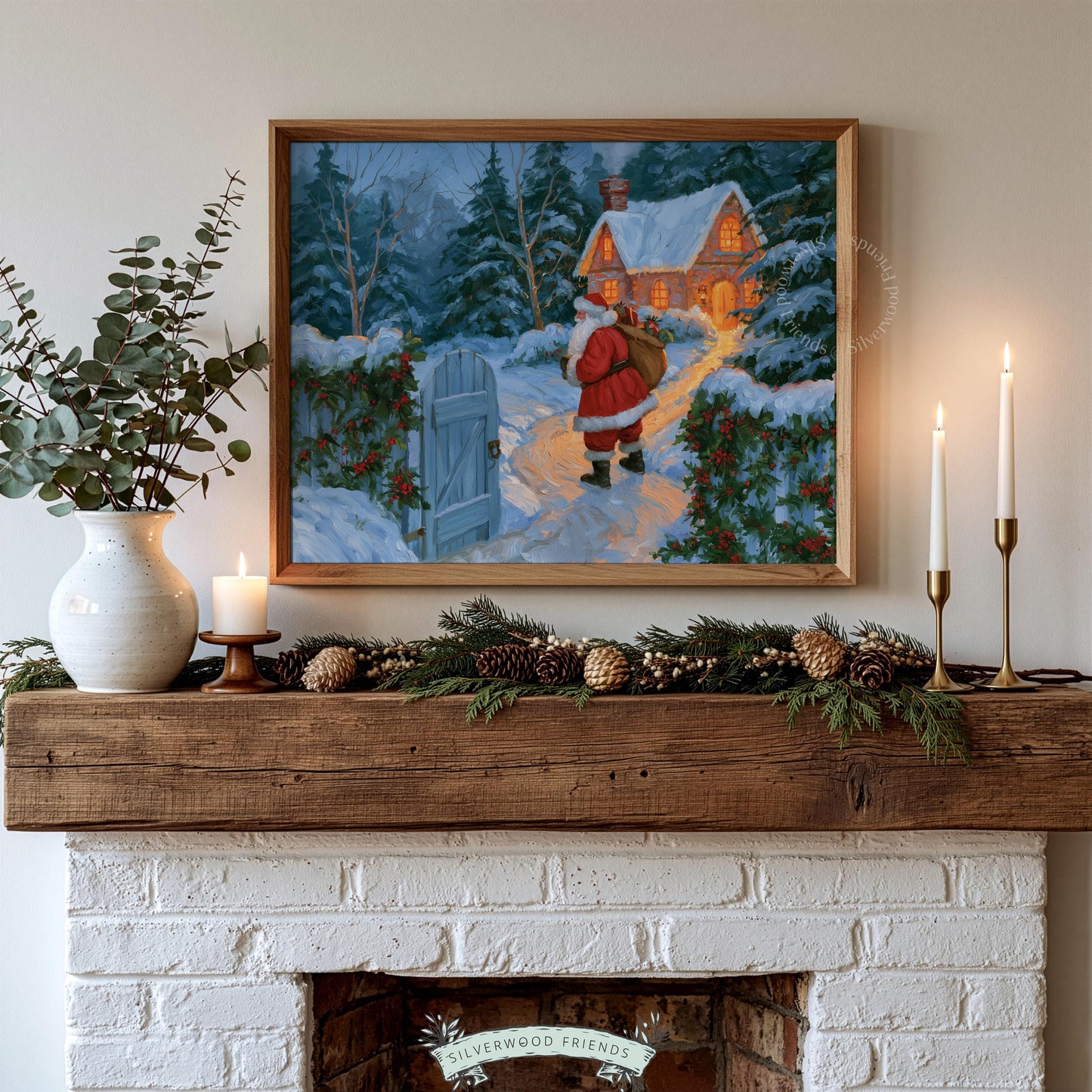 Santa Claus walking through snow poster art for living room — vintage Christmas scene with glowing cottage and evergreen trees