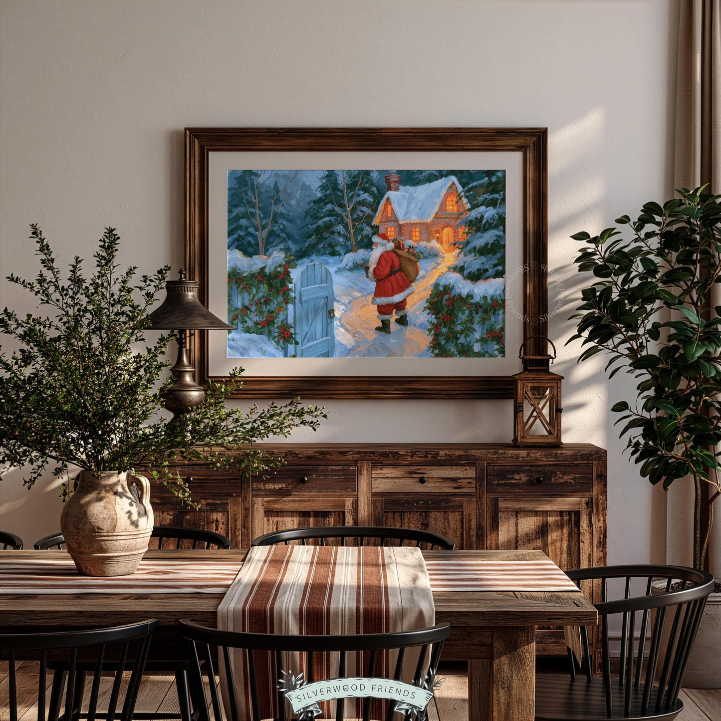 Winter cottage printable wall art for dining room — nostalgic holiday evening with approaching figure carrying presents and evergreens