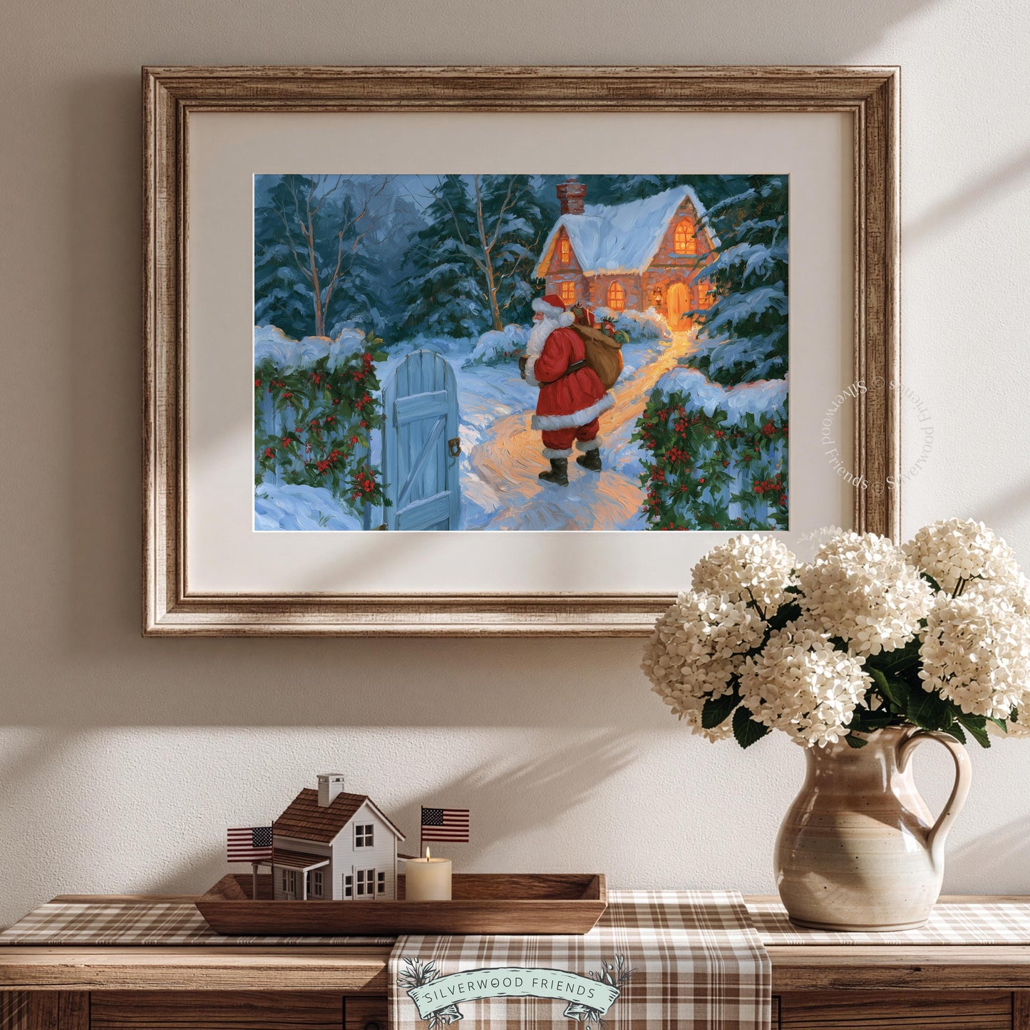 Jolly gift-giver printable picture for gallery wall — classic winter scene with textured painting style, frosted trees, and welcoming cabin