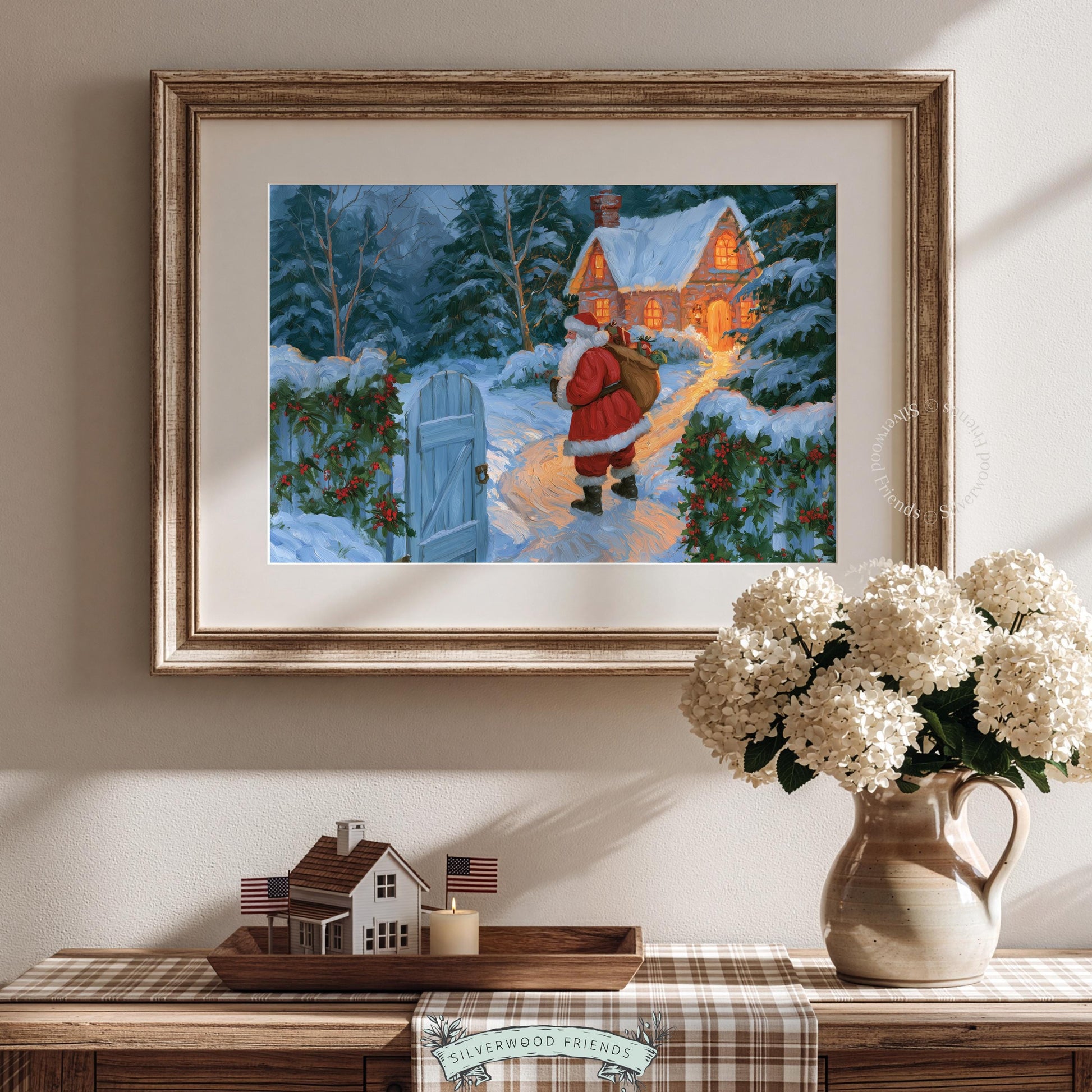 Jolly gift-giver printable picture for gallery wall — classic winter scene with textured painting style, frosted trees, and welcoming cabin