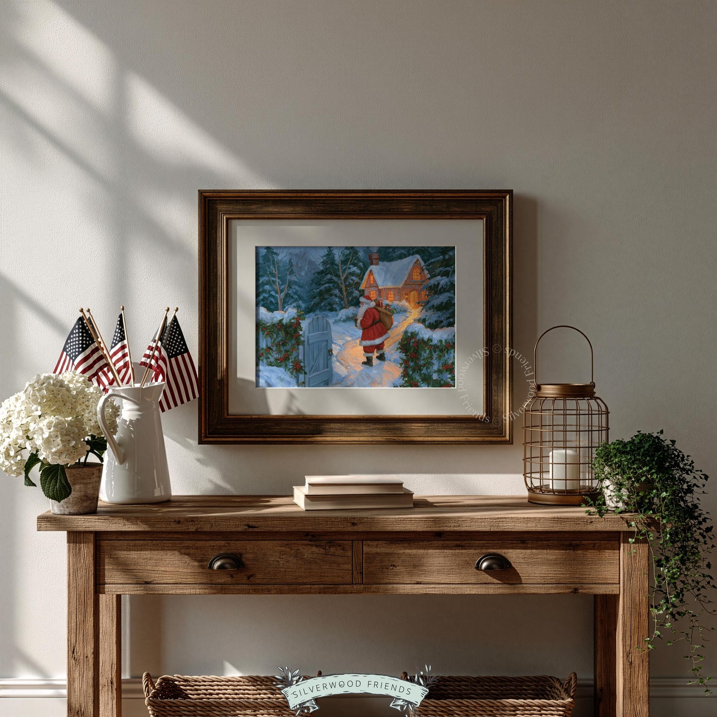 Christmas journey artwork printable for study — cozy cottage scene with torch-lit pathway, snow-covered pines, and holiday visitor