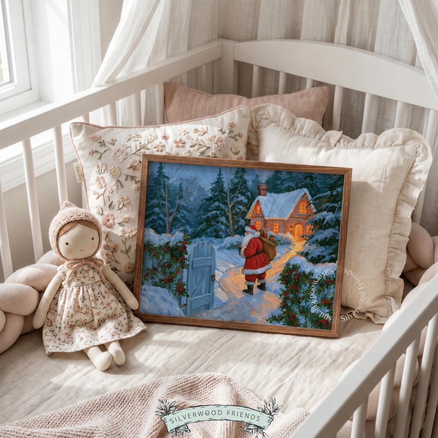 Festive farmhouse poster art for kitchen — golden-windowed house with snowy grounds and traditional Christmas atmosphere
