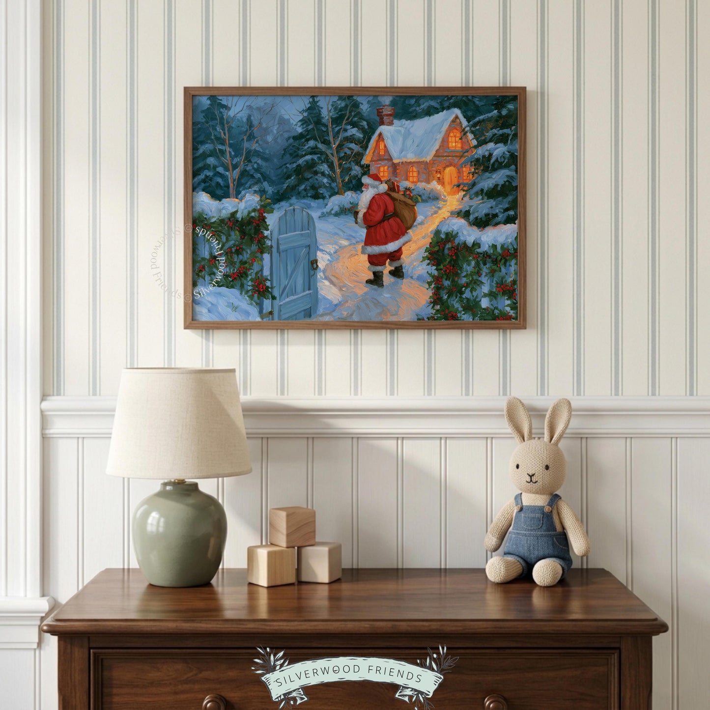 Holiday visitor wall art digital print for entryway — vintage festive landscape with approaching figure, snow-laden evergreens, and rustic gate