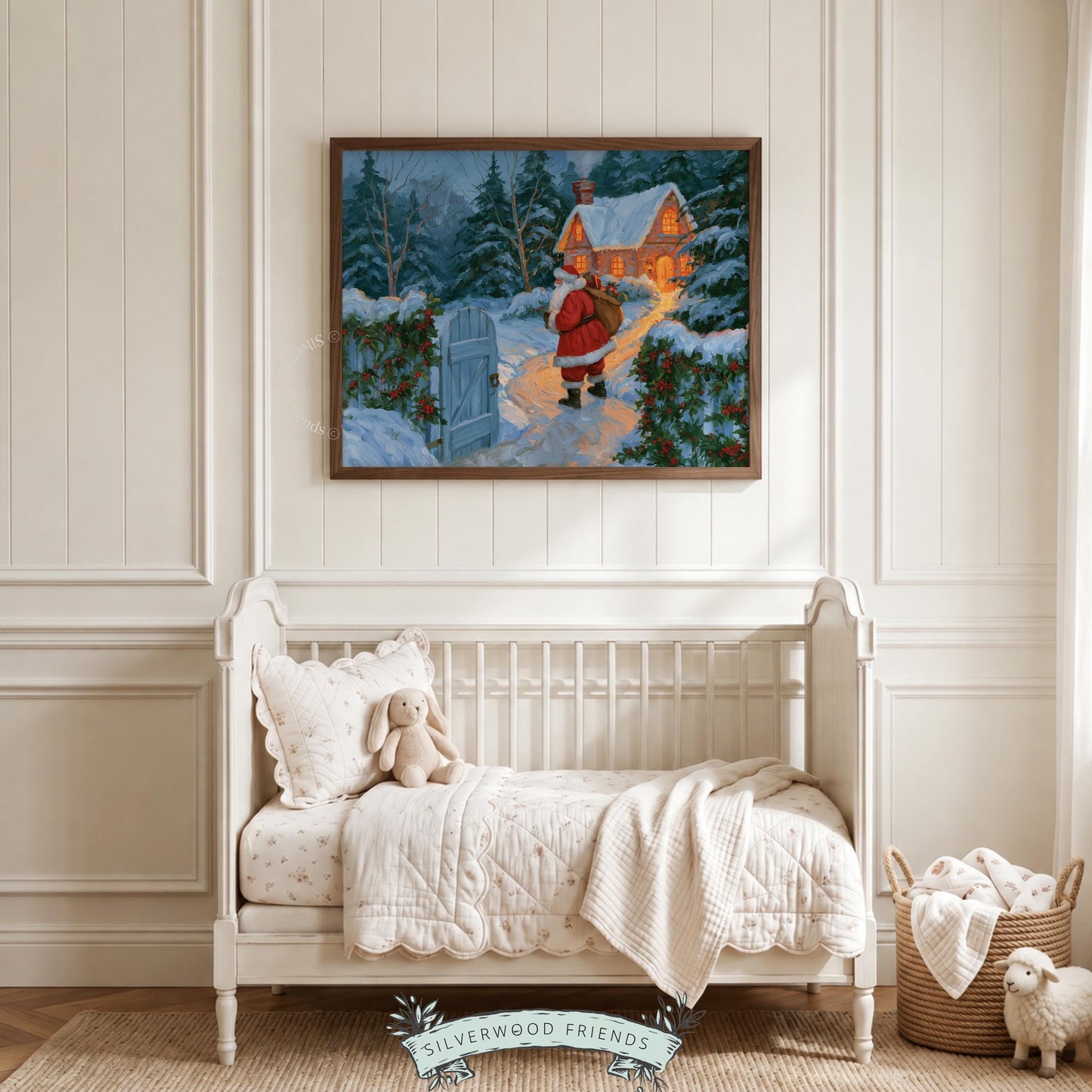 Holiday season oil-painting style poster for home — warm cabin glow against frosty landscape with festive gift carrier and garden gate