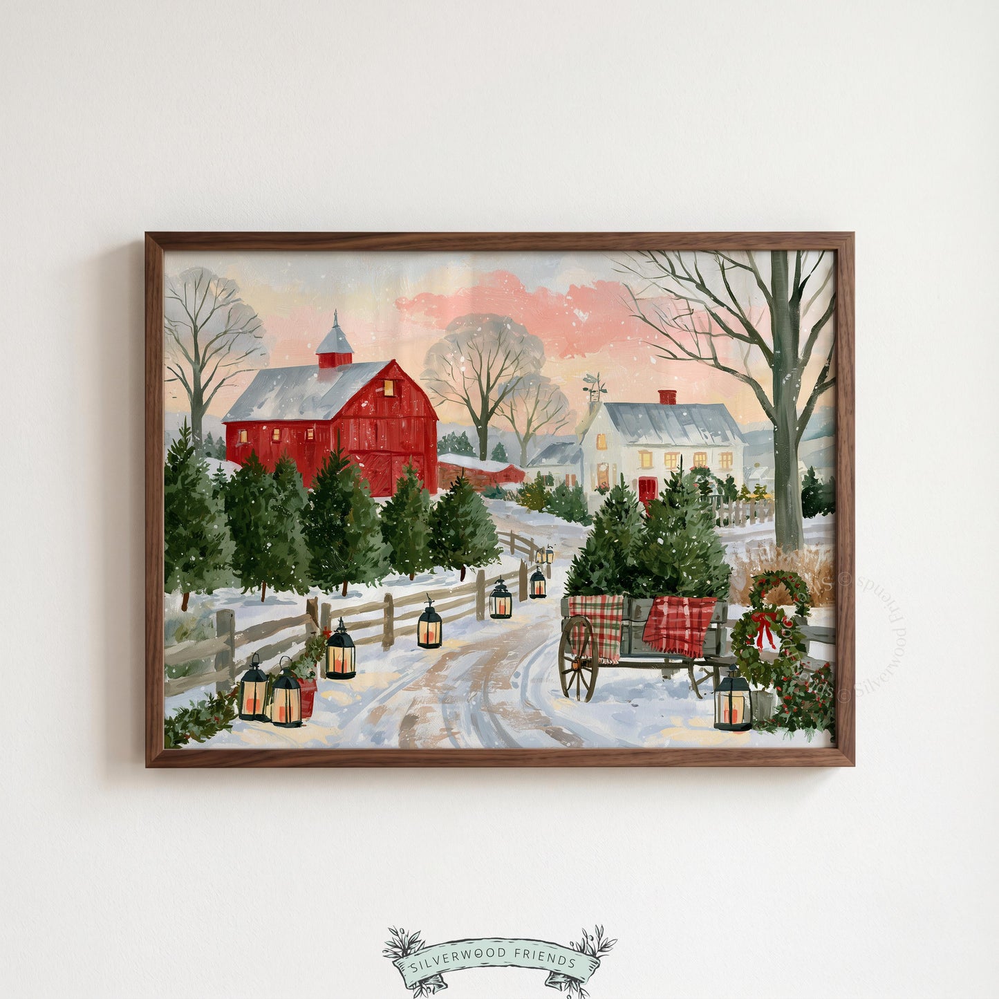 Festive winter orchard poster featuring winding lane, red barn, and glowing atmospheric light