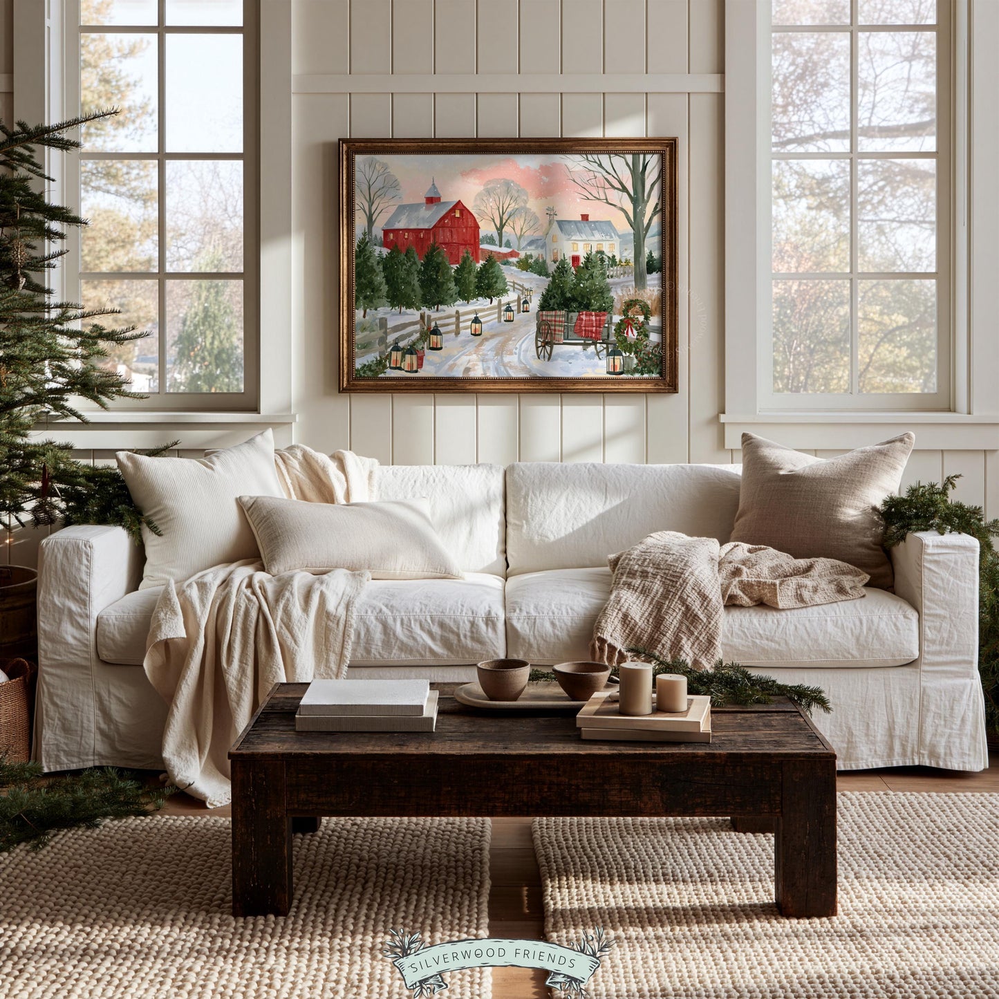 Festive farmhouse painting wall art for living room — glowing red barn in snowy countryside