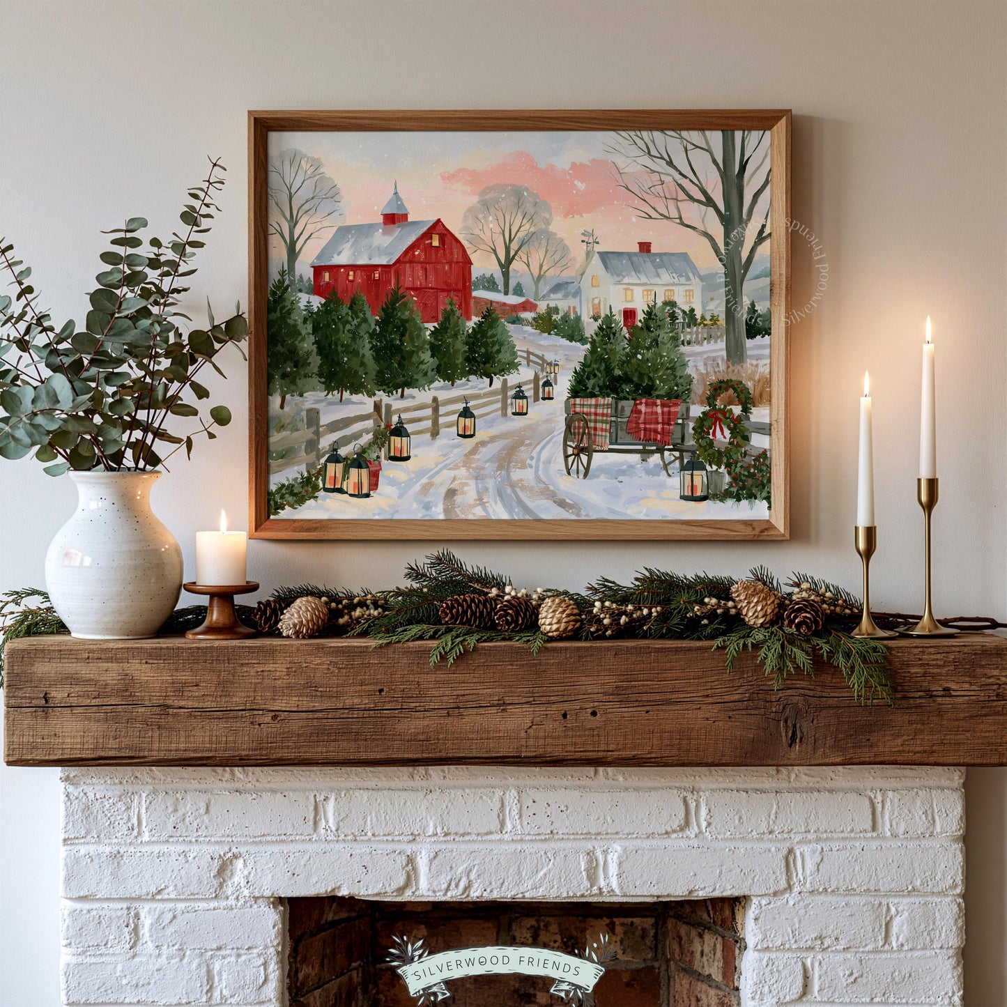 Snowy Christmas tree farm poster — cozy winter barn scene with red plaid wagon and lanterns