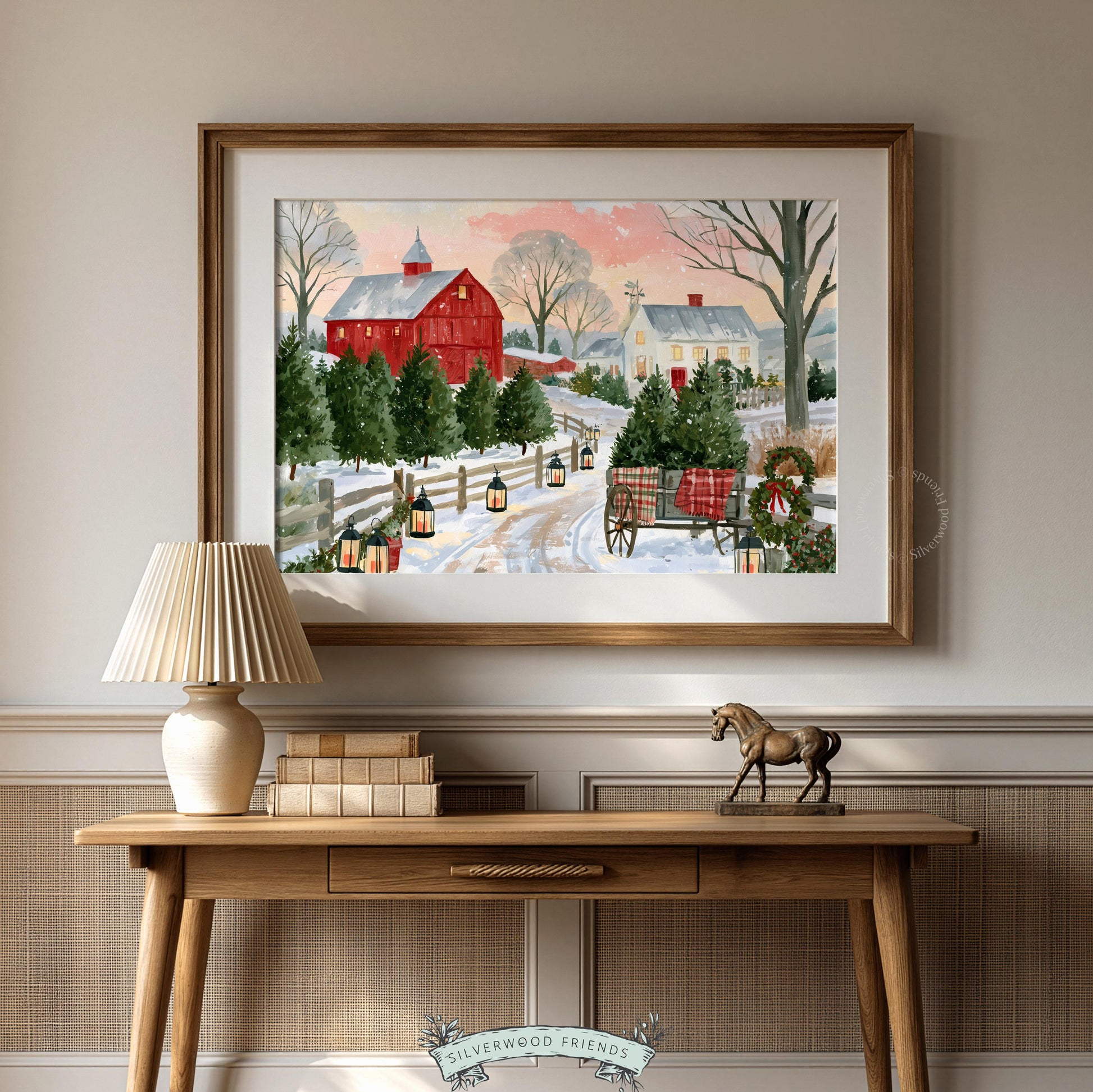 Cozy countryside holiday poster — snowy evergreen orchard with charming rustic barn and wreath