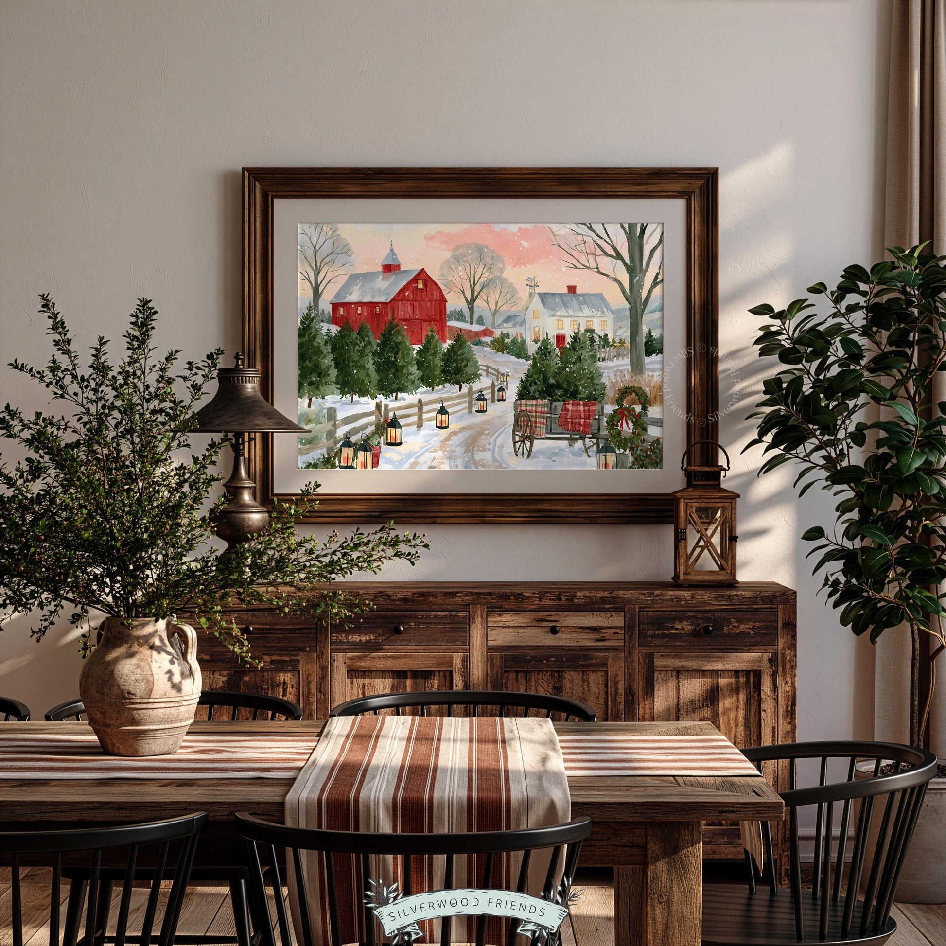 Peaceful winter tree plantation painting — cozy farmhouse scene with snowy lane and evergreens