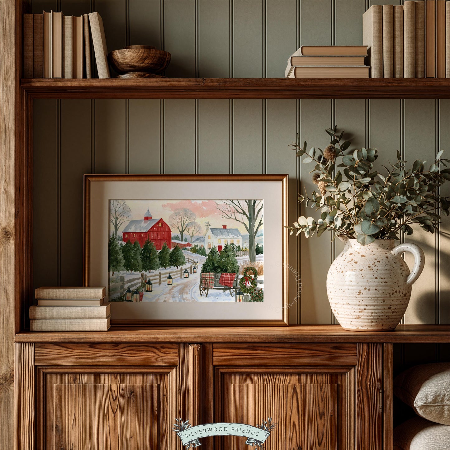 Holiday farmstead painting wall art — intimate snowy scene with plaid wagon and festive decor