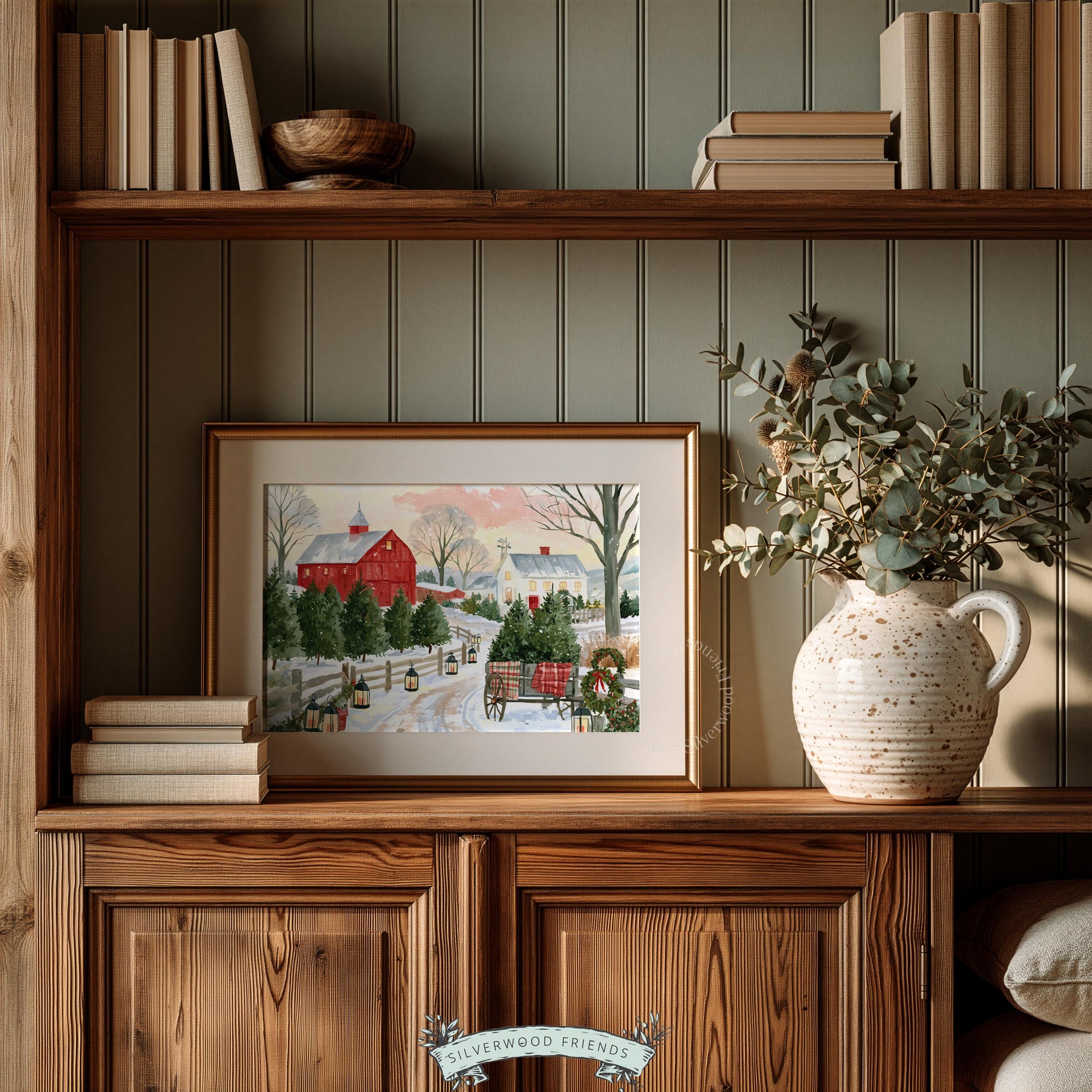Holiday farmstead painting wall art — intimate snowy scene with plaid wagon and festive decor