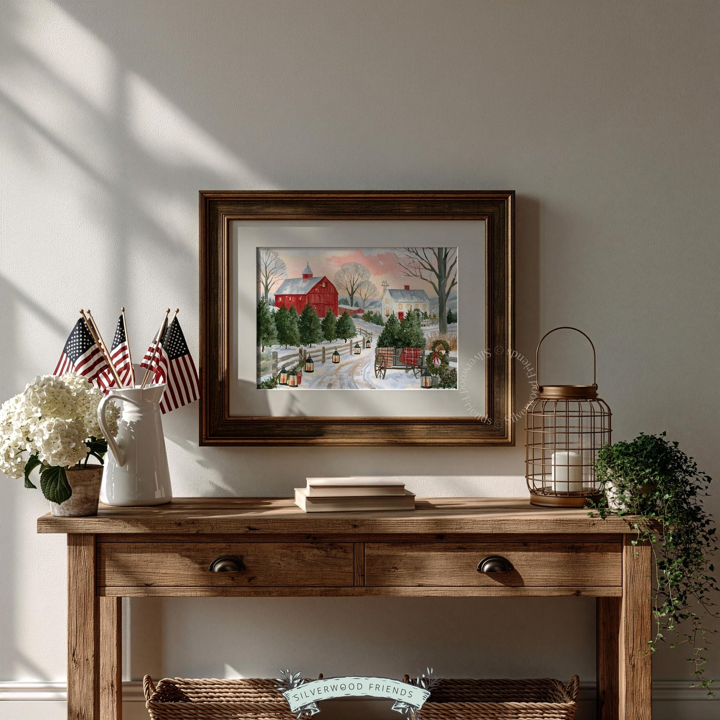 Vintage winter farm wall art for dining room — charming snowy landscape with red barn aesthetic