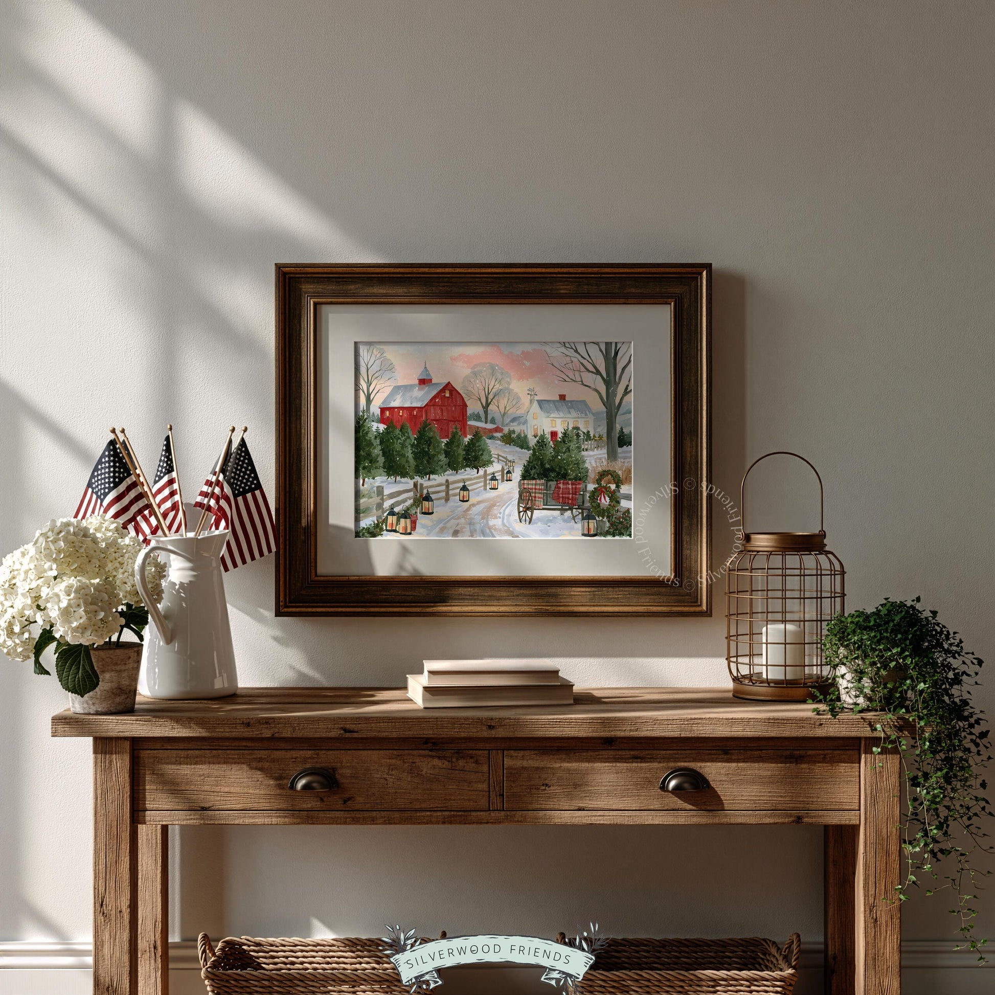 Vintage winter farm wall art for dining room — charming snowy landscape with red barn aesthetic