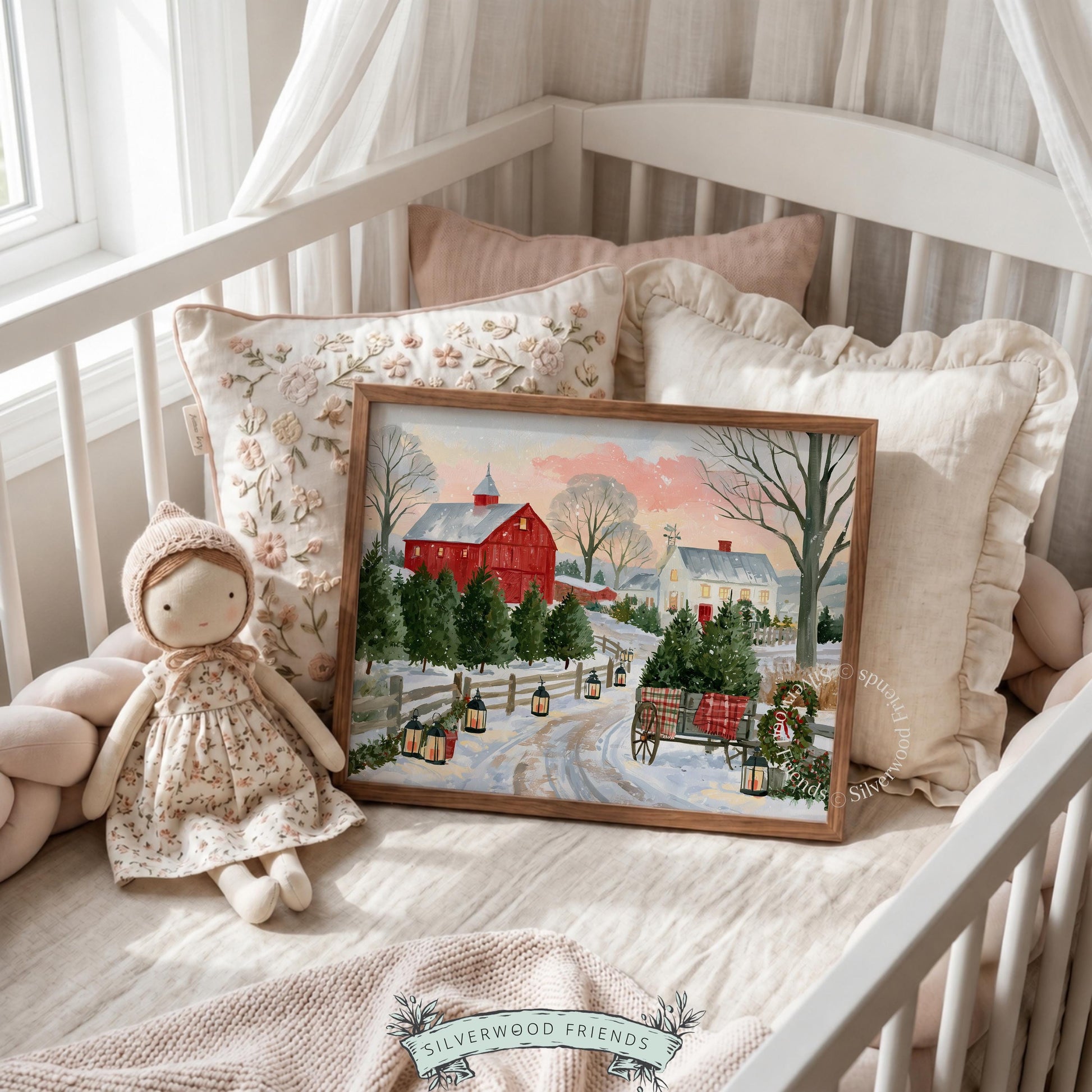 Countryside Christmas artwork with wooden wagon, holiday wreath, and soft pink dusk sky