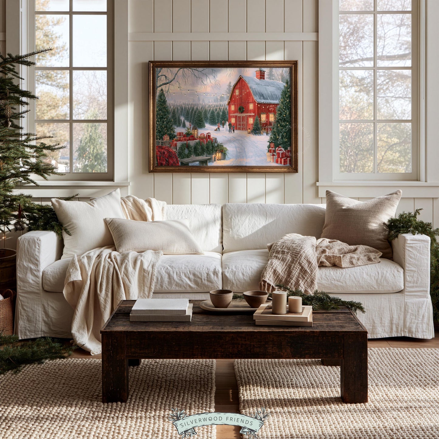 Festive Christmas farmyard picture for kitchen — cozy barn scene with gift displays and lanterns