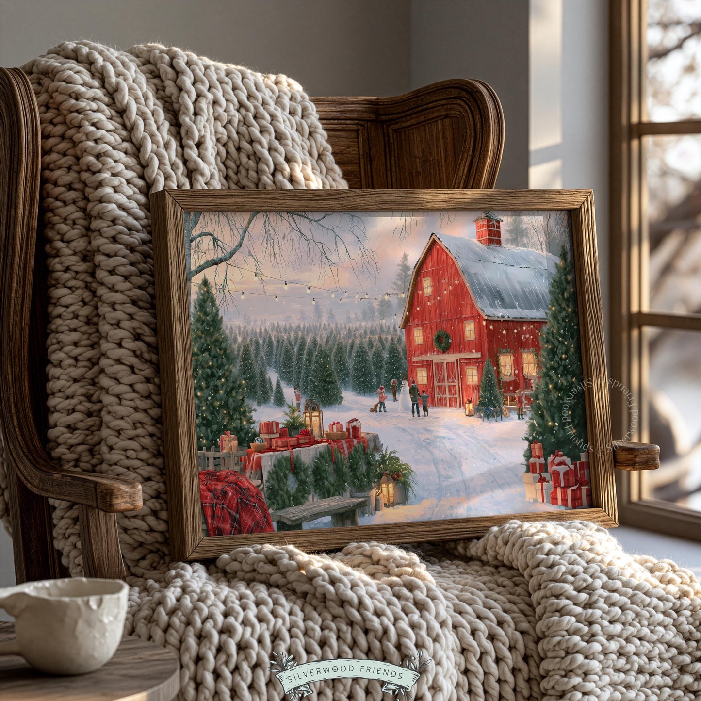 Christmas farm landscape poster for entryway — warm barn setting with festive wreaths and winter magic