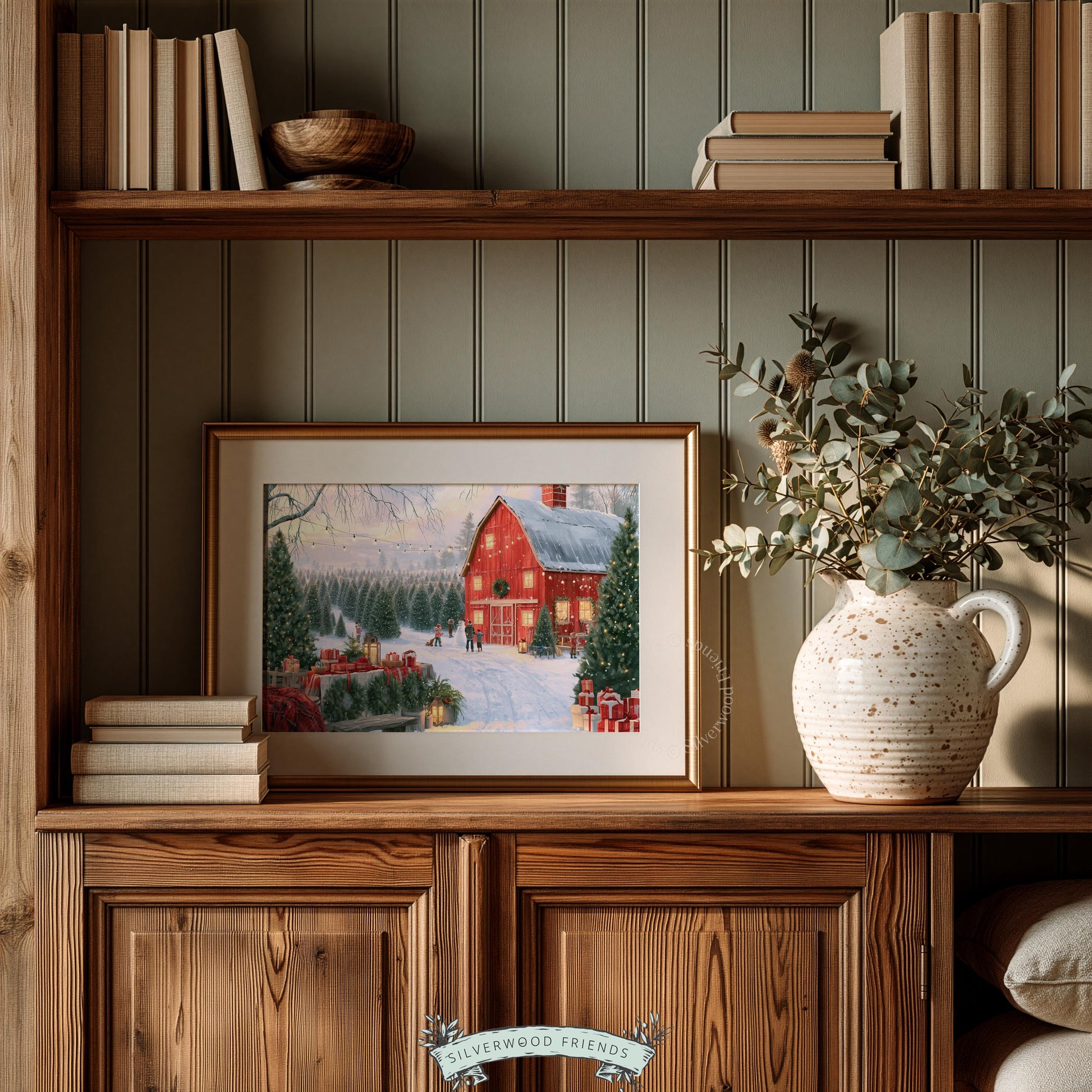 Snowy holiday market digital print for gallery wall — rustic barn surrounded by wreaths and gift displays