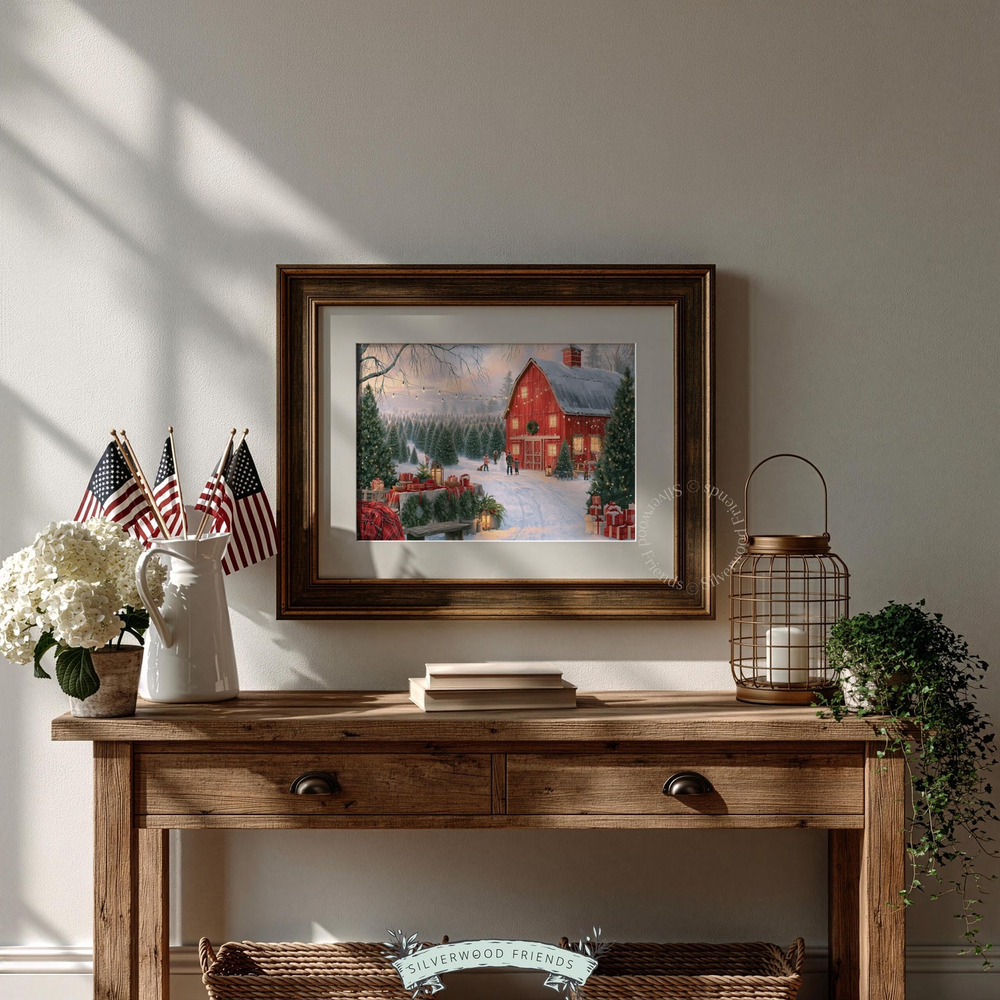 Christmas tree farm painting wall art — warm cabin atmosphere with snow-dusted trees and lanterns