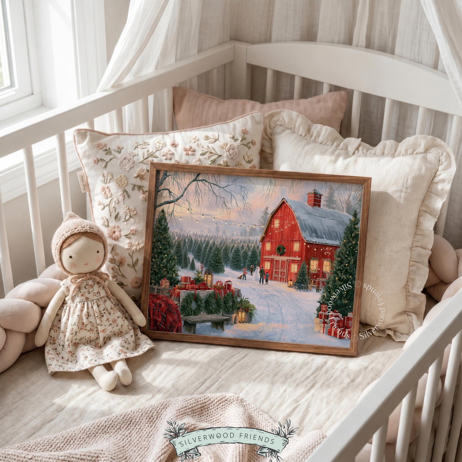 Rustic Christmas barn wall art printable — cozy snow scene featuring evergreen rows and wrapped presents