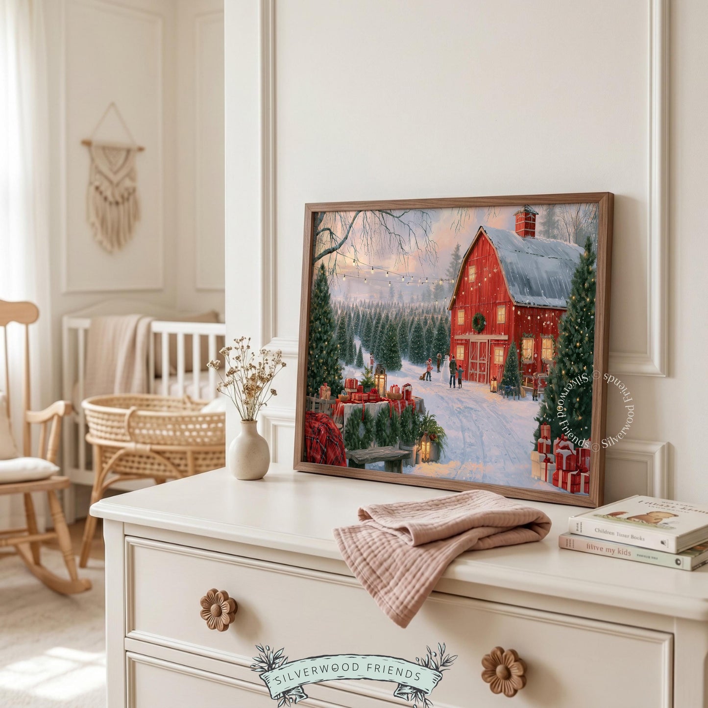 Festive winter landscape artwork for dining room — charming farmhouse scene with string lights overhead