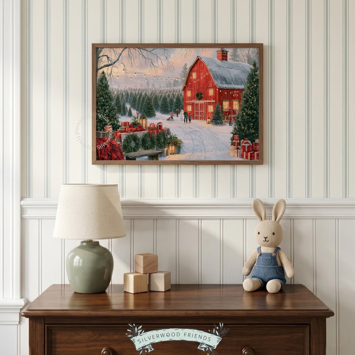 Cozy holiday barn poster for living room — festive evergreen landscape with rustic charm