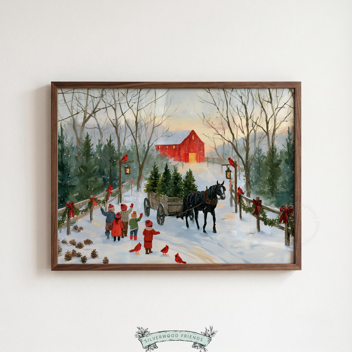 Nostalgic farmstead Christmas printable art — soft vintage style with seasonal wagon, evergreens, and festive country charm