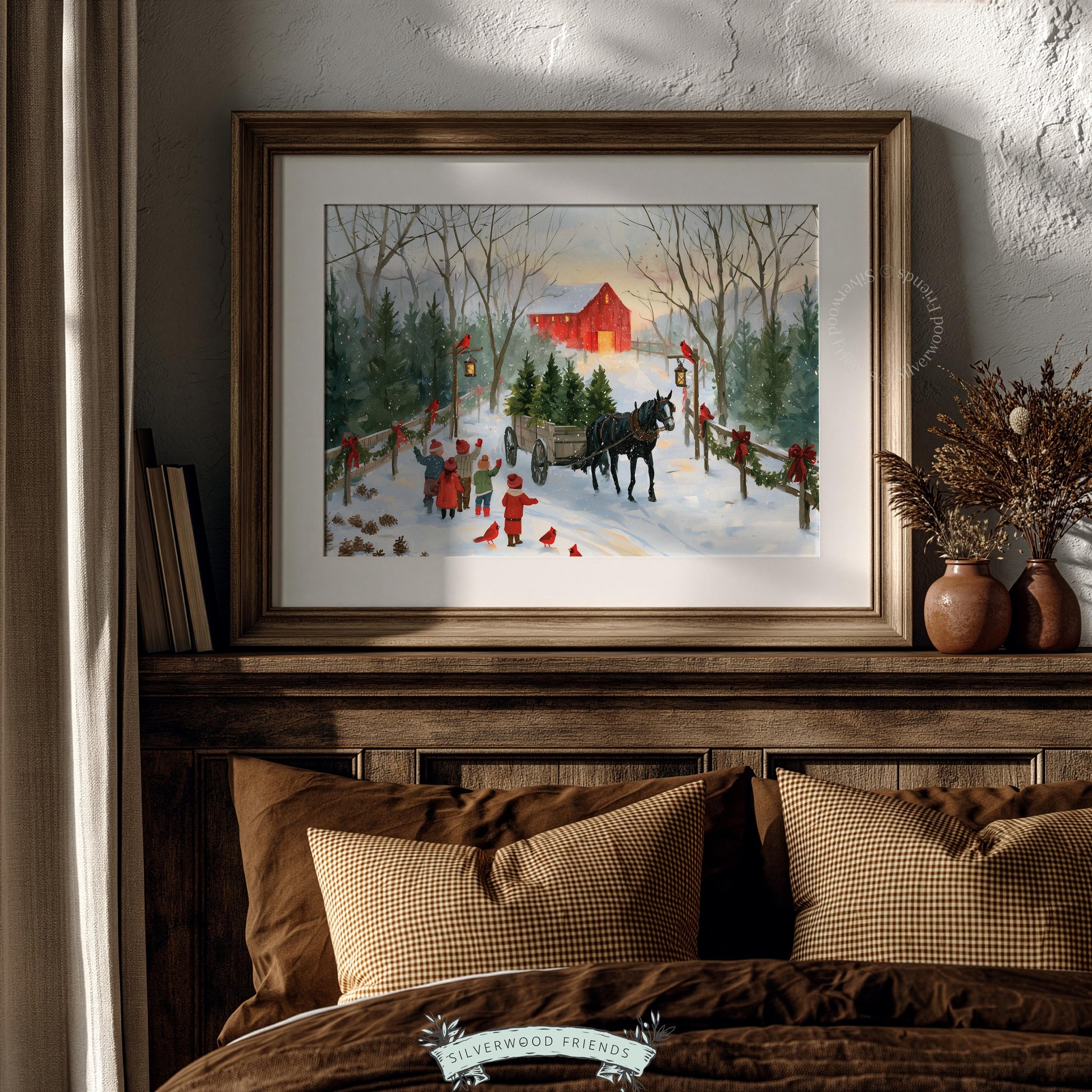 Vintage Christmas farm picture print for family room — warm golden light, snowy pathway, and classic holiday farmstead aesthetic