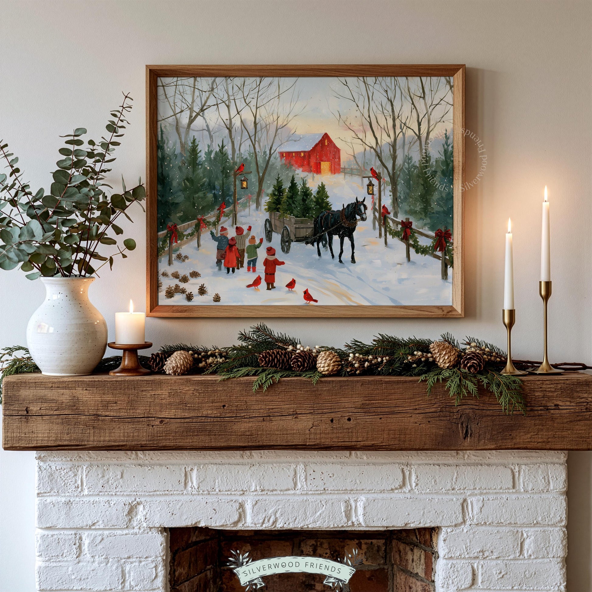 Rustic holiday wall art print depicting seasonal wagon journey through snowy farm with cardinals and traditional red barn