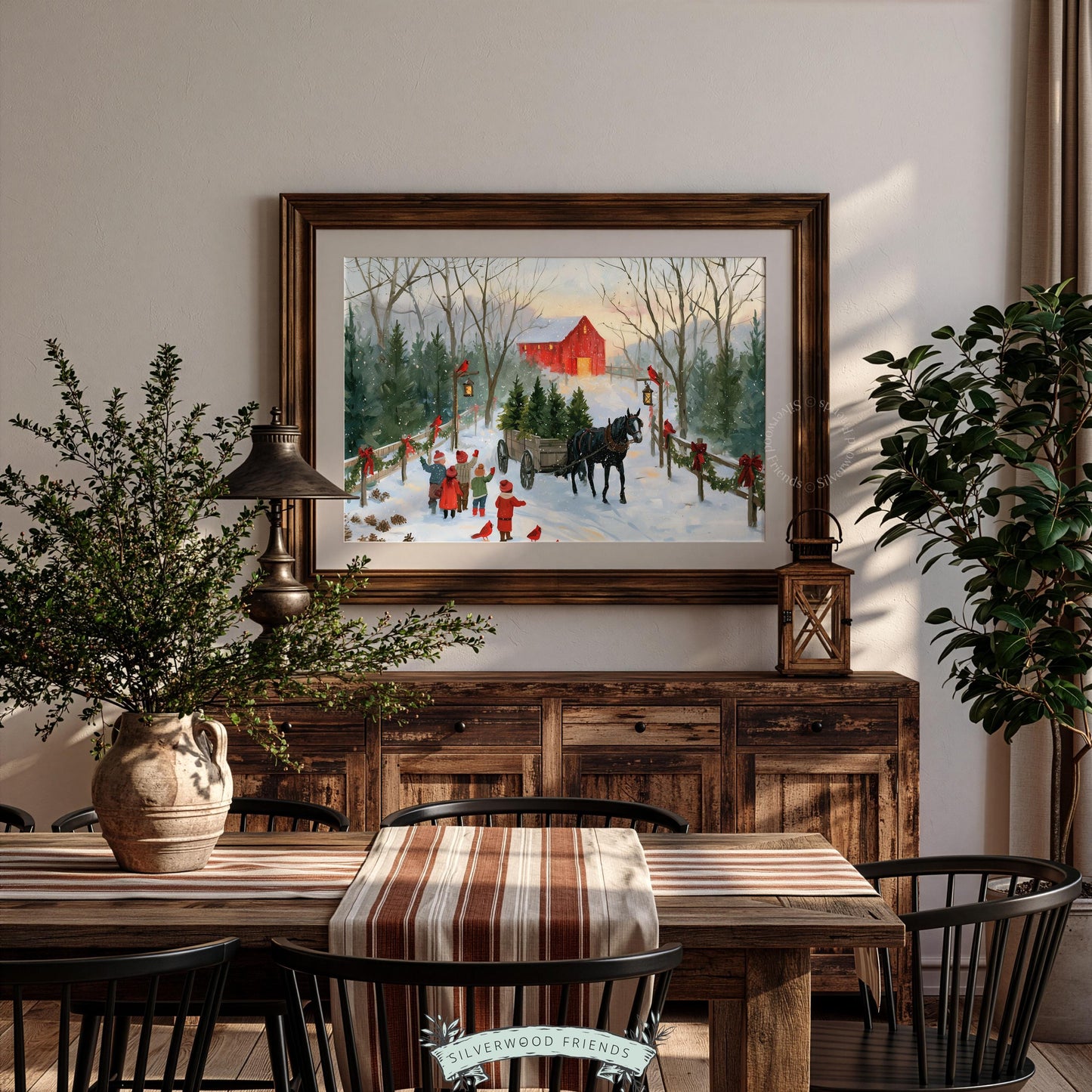 Festive farmhouse poster for dining room — traditional Christmas scene with wagon, barn, and holiday greenery fence accents