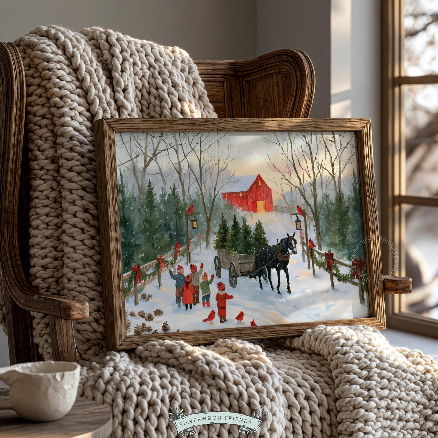 Nostalgic winter scene digital print for entryway — children playing near wagon full of fresh Christmas trees and cardinals