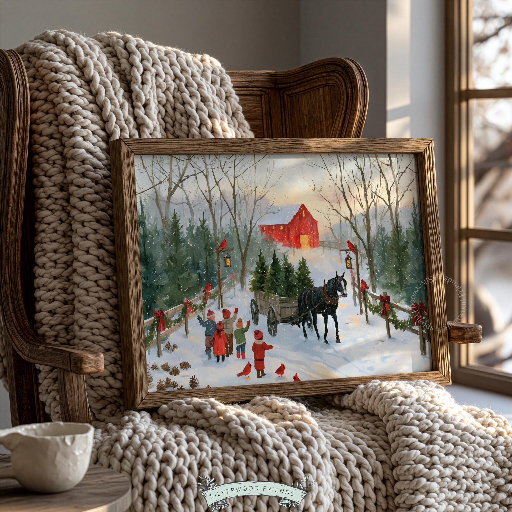 Nostalgic winter scene digital print for entryway — children playing near wagon full of fresh Christmas trees and cardinals