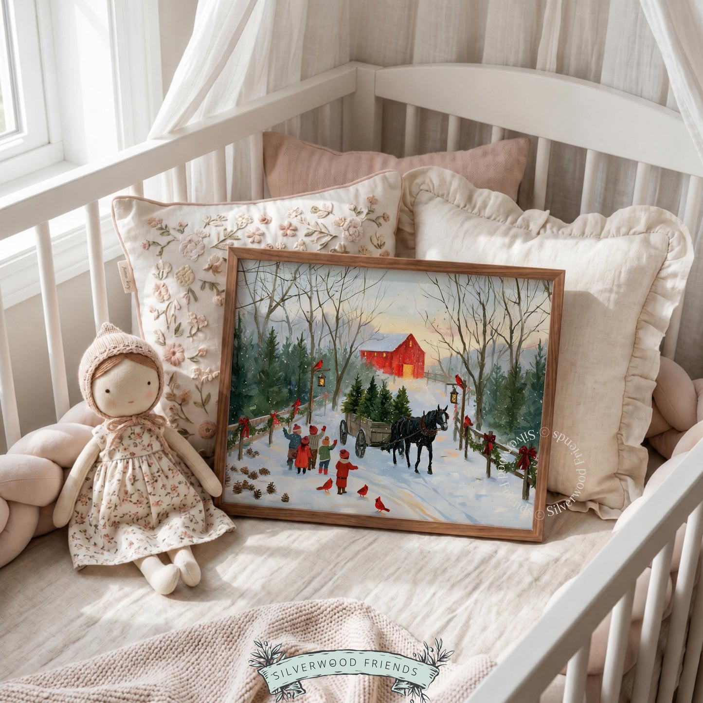 Horse-drawn wagon Christmas trees printable art for farmhouse — vintage holiday scene with snowy barn and cardinals