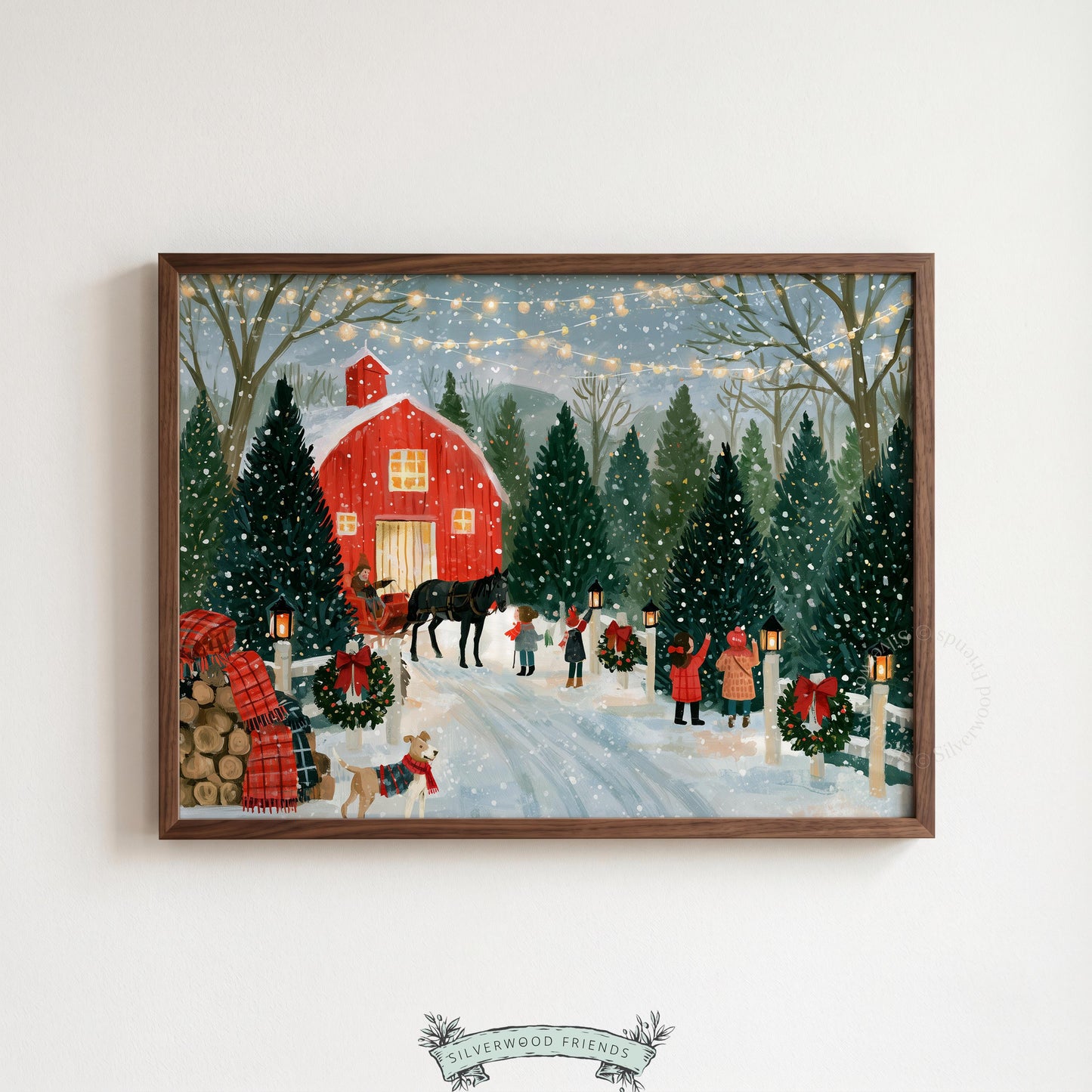 Festive farmhouse Christmas tree farm digital art print for conservatory — cozy vintage illustration with atmospheric snowfall and warm barn lighting