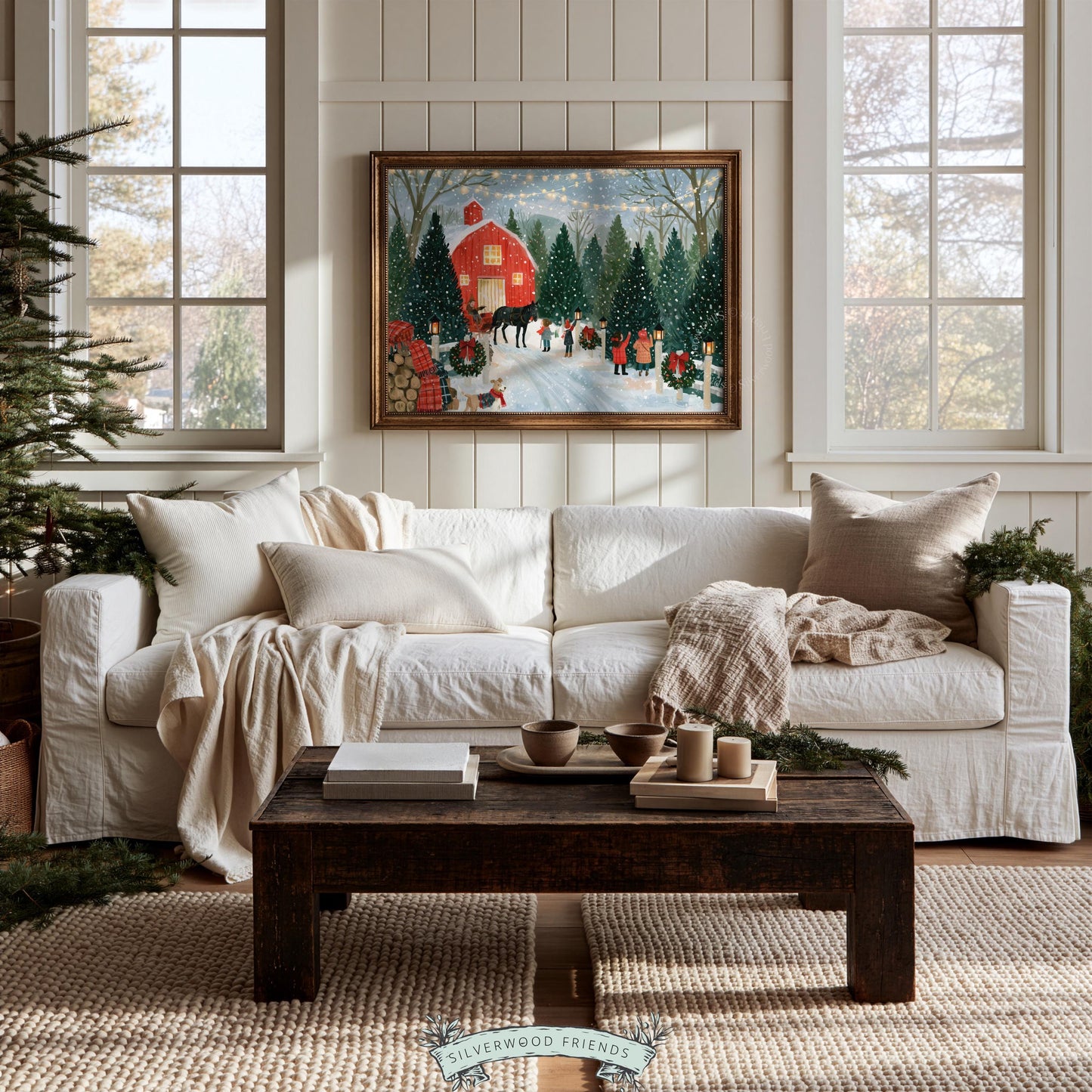 Traditional holiday tree lot poster printable design for living spaces — charming seasonal farm scene in rich palette of forest green and crisp white