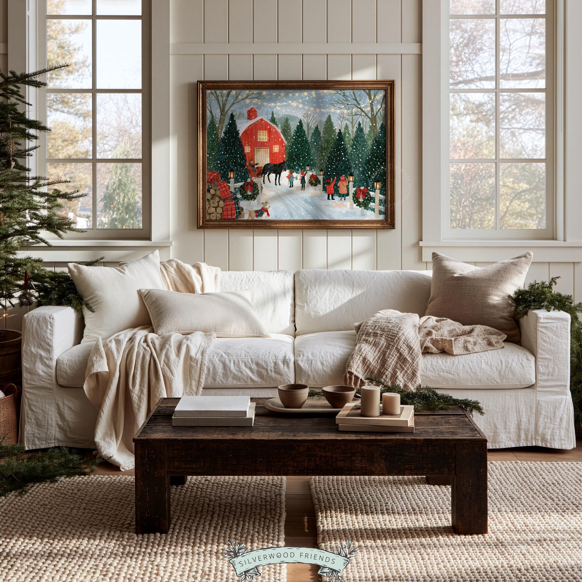Traditional holiday tree lot poster printable design for living spaces — charming seasonal farm scene in rich palette of forest green and crisp white