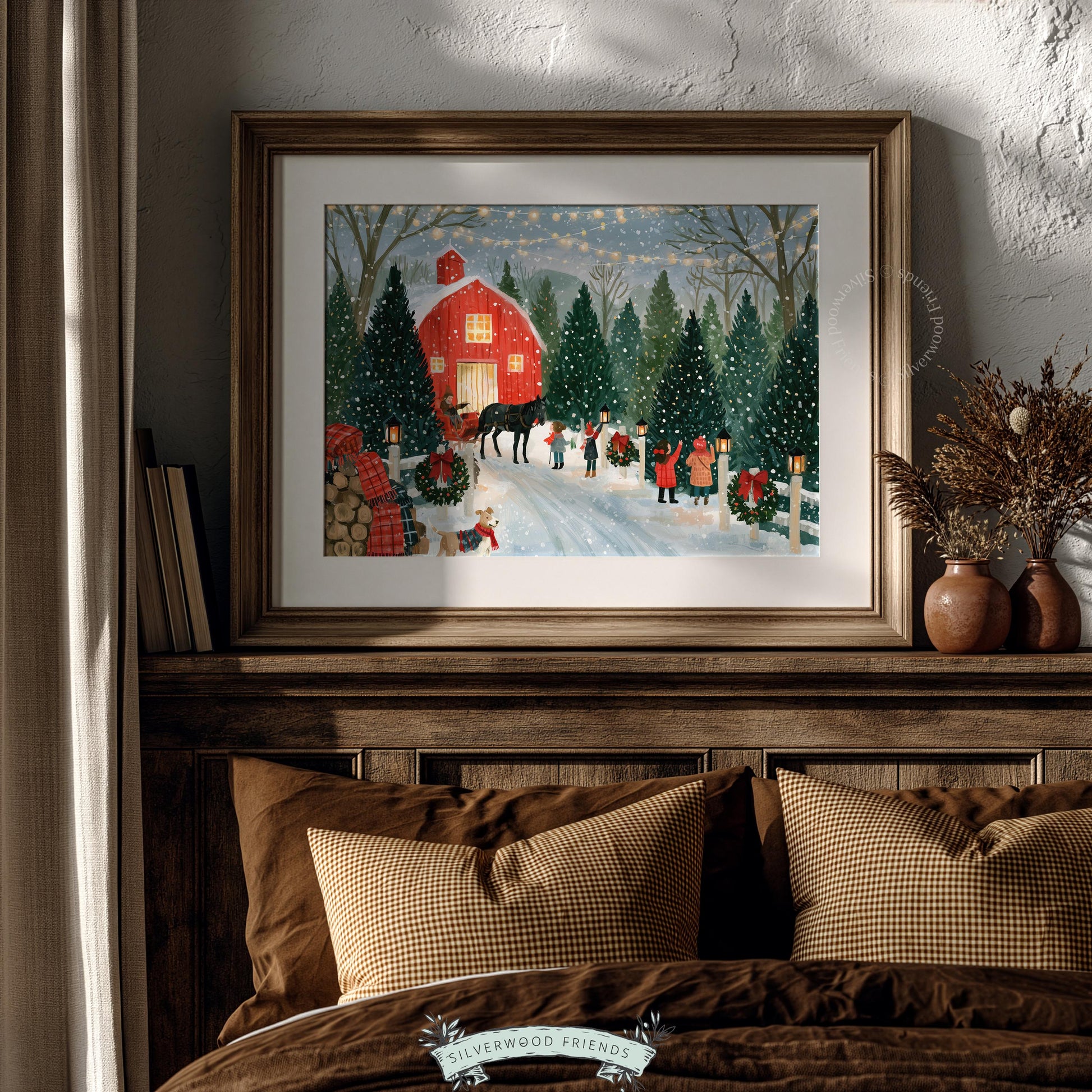 Nostalgic holiday tree farm picture printable for gallery wall — peaceful nighttime village scene with evergreens and festive string lights