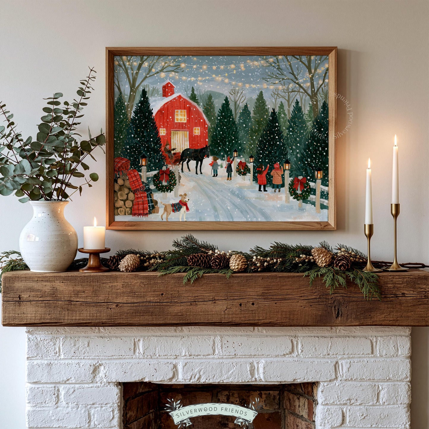 Festive tree farm picture with lanterns wall art for farmhouse — nostalgic seasonal illustration in rich greens and creams