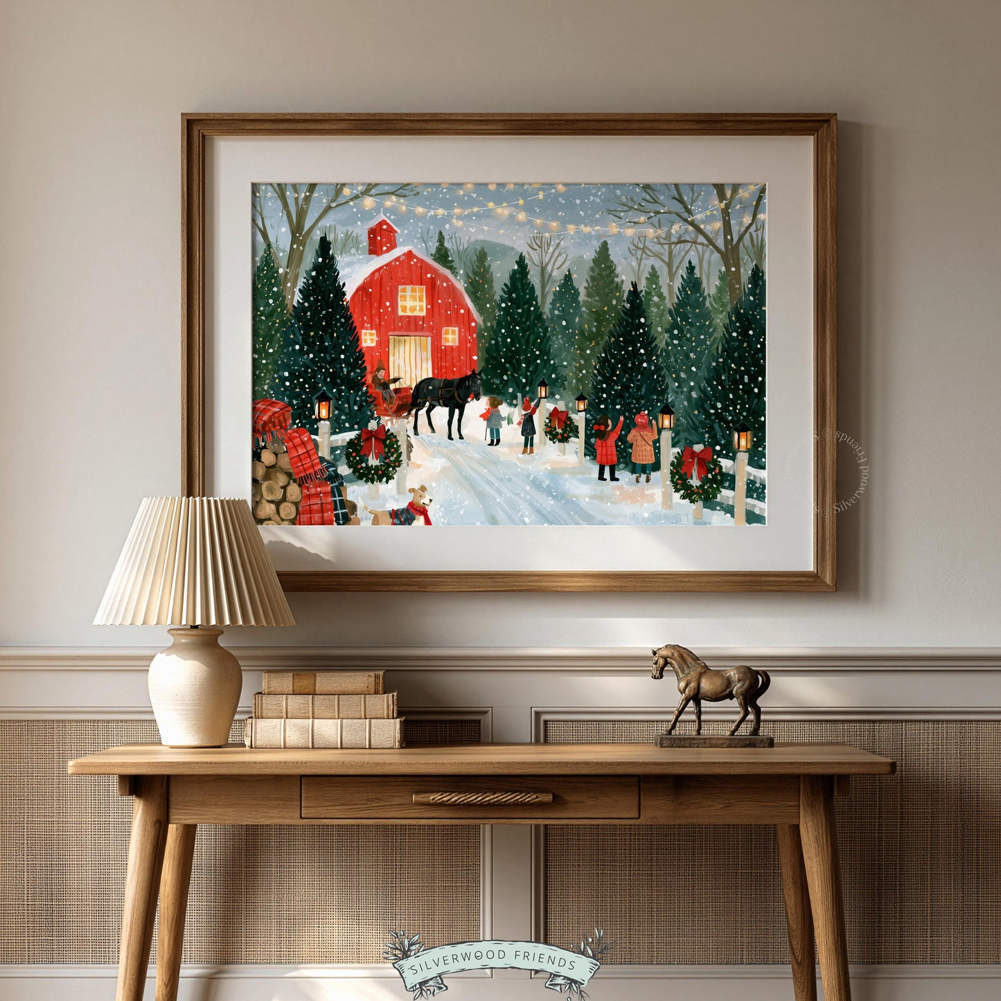 Winter tree lot artwork printable design for holiday hosting — charming vintage scene with horse, families, and snow-dusted pines