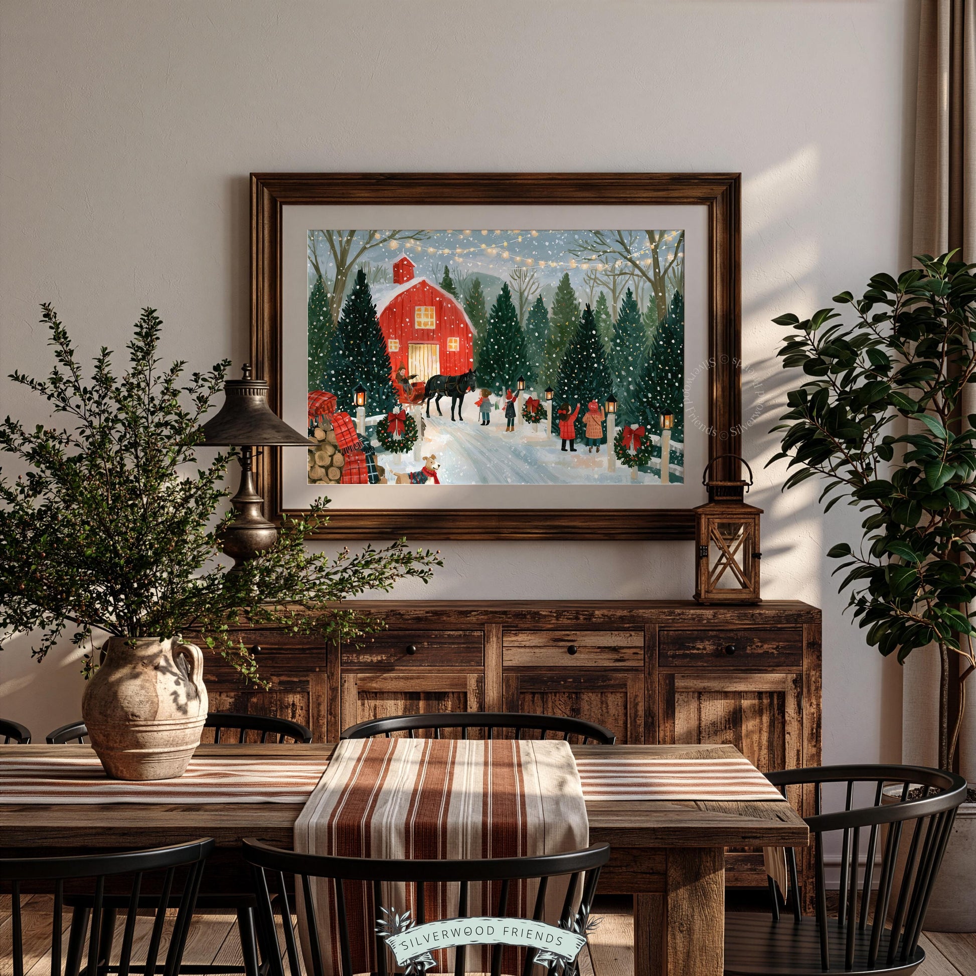 Retro holiday farm illustration printable art for den — nostalgic festive gathering under twinkling overhead lights and soft snowfall