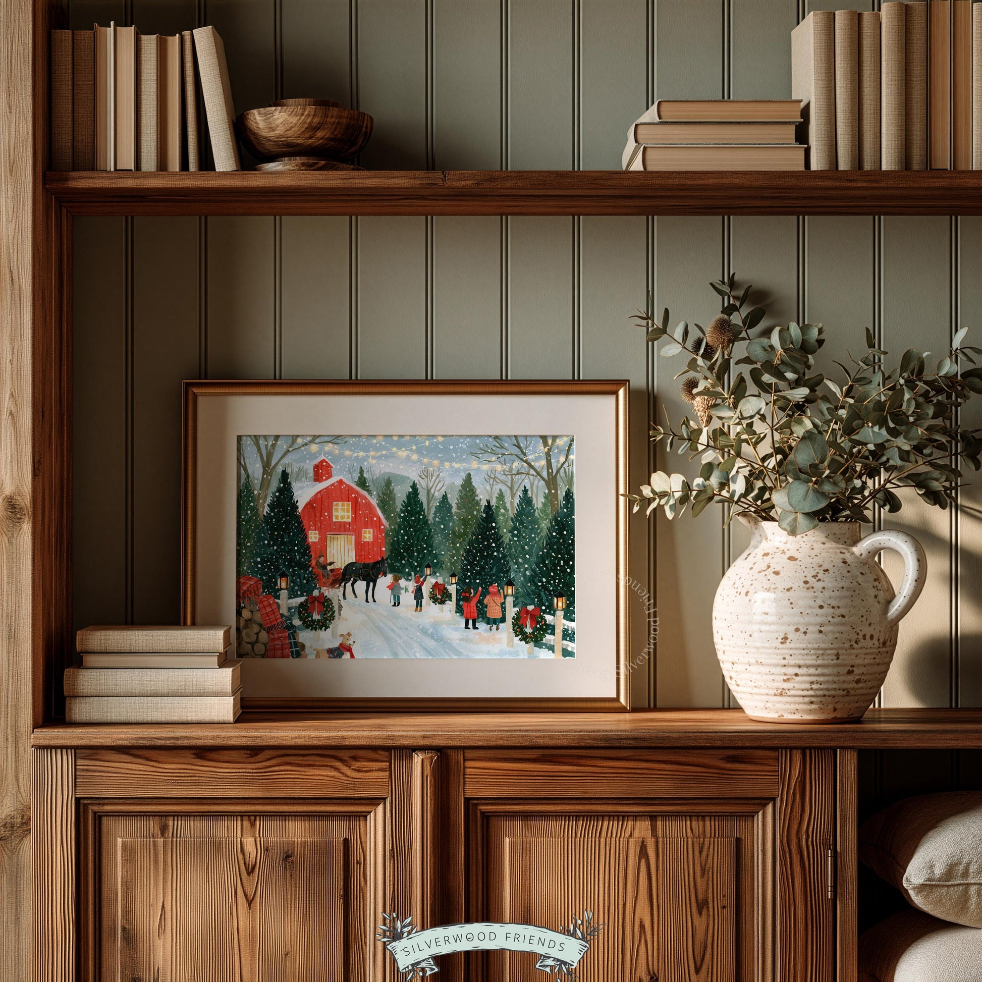 Christmas tree farm night scene printable art for living room — vintage-style holiday illustration with cozy barn and string lights